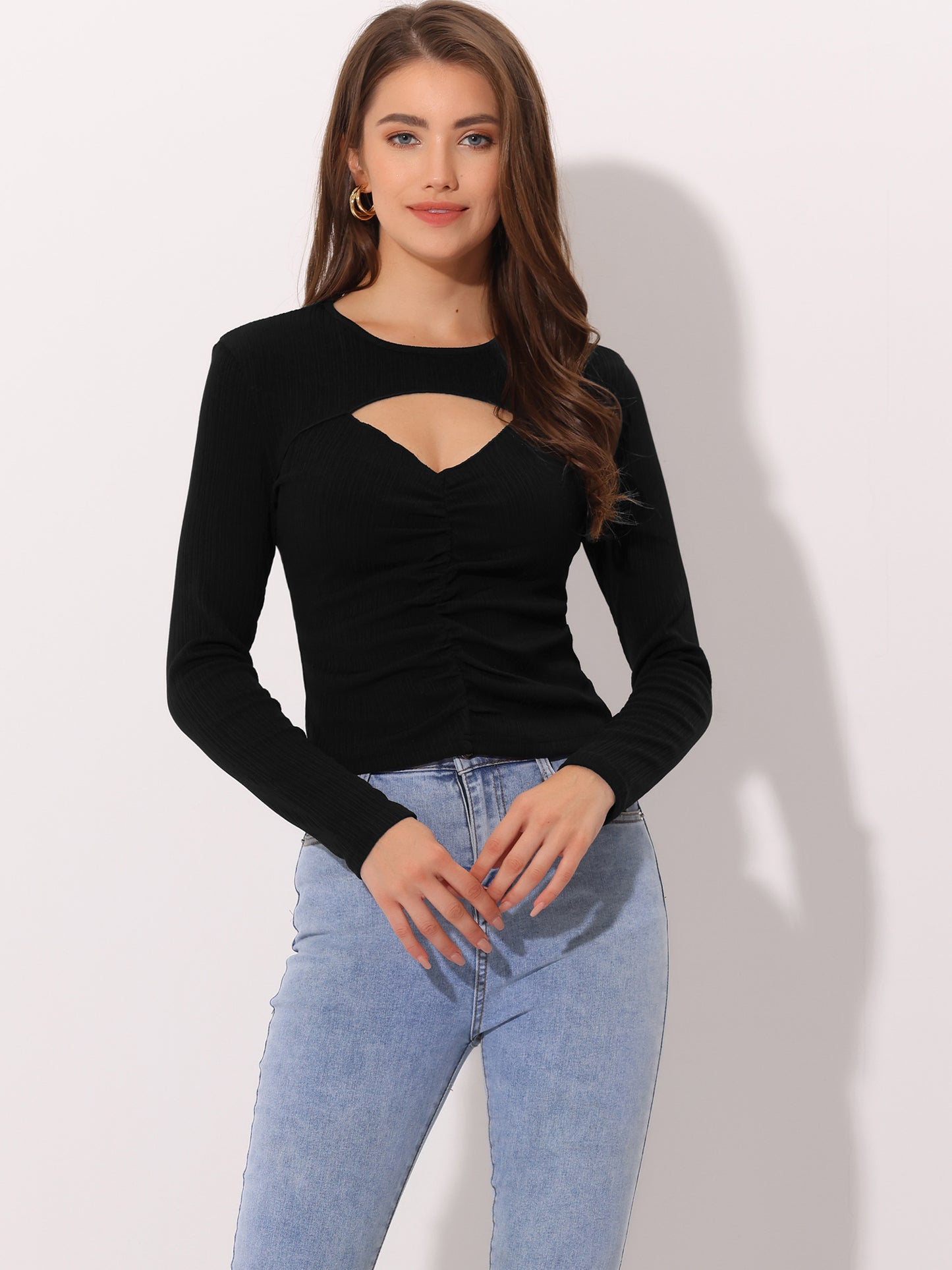 Women's Sexy Long Sleeve Tops Cut Out Front Stretch Ruched Knit T-Shirt Top