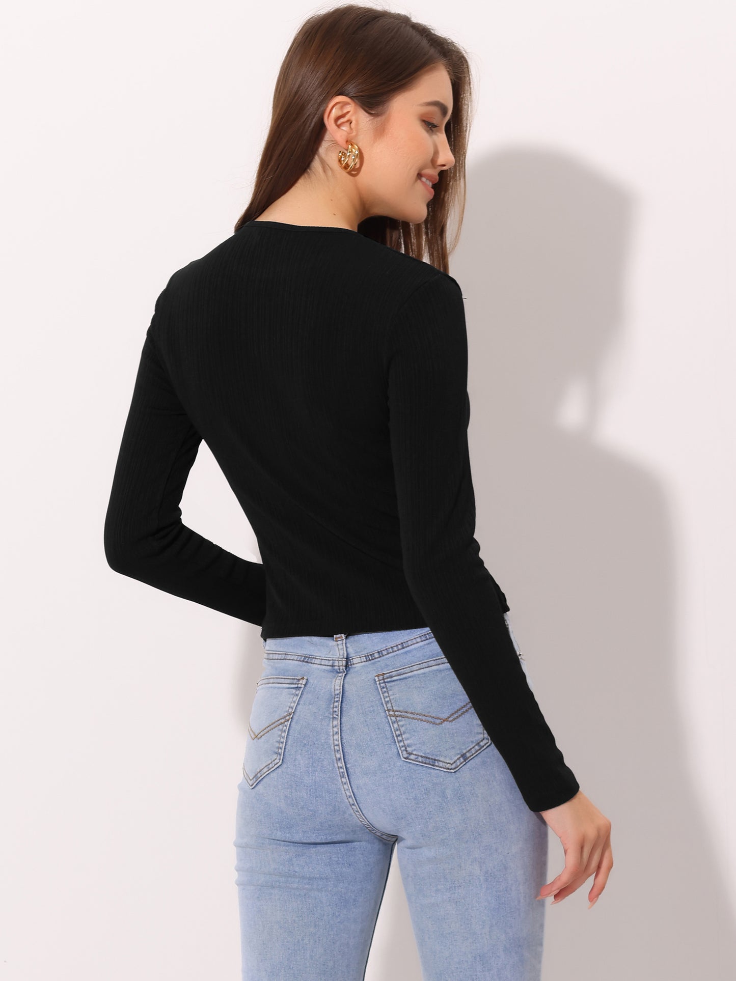 Women's Sexy Long Sleeve Tops Cut Out Front Stretch Ruched Knit T-Shirt Top