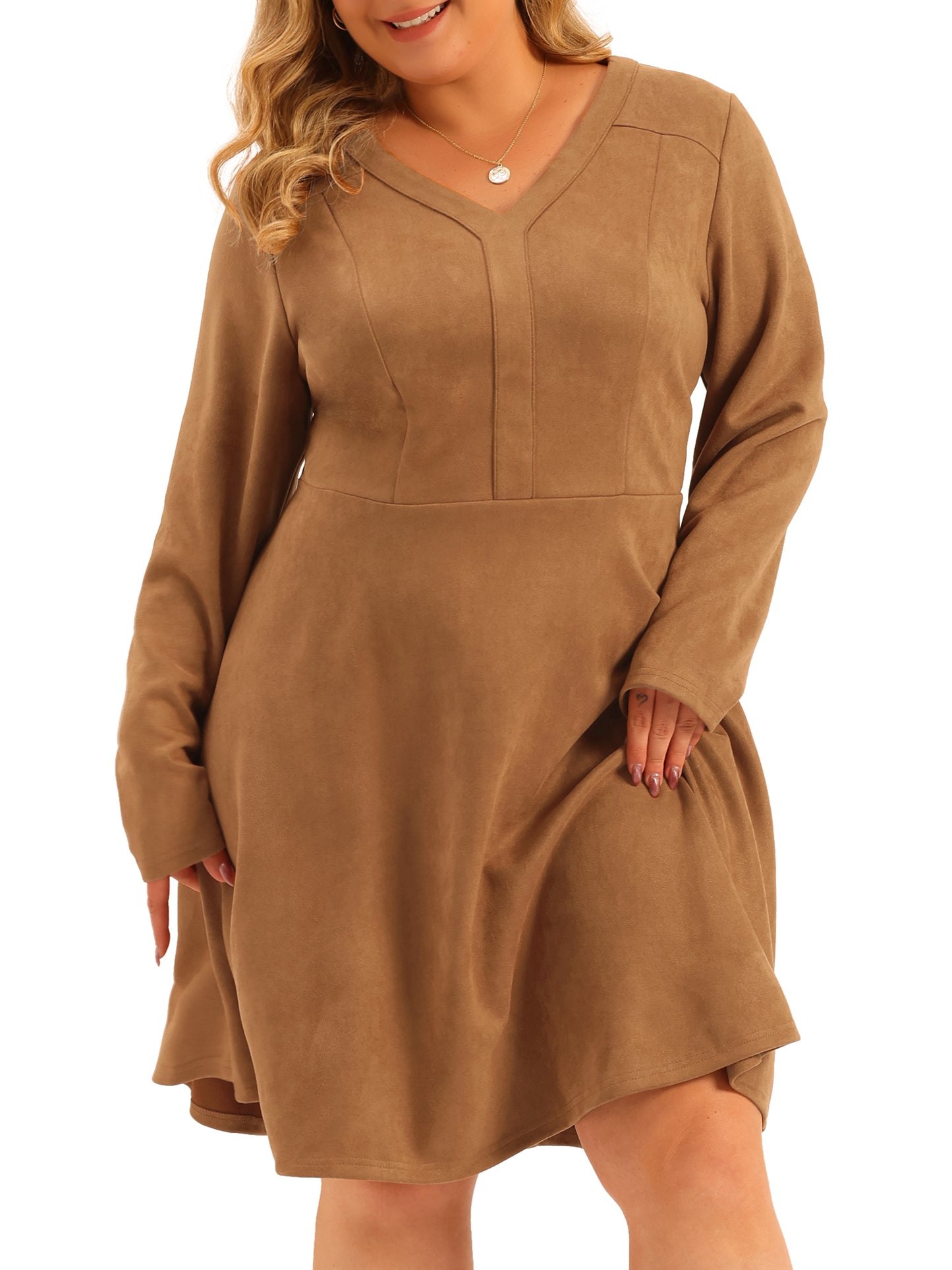 Women Plus Size Faux Suede Dress V Neck Long Sleeve A-Line Elegant Midi Dress