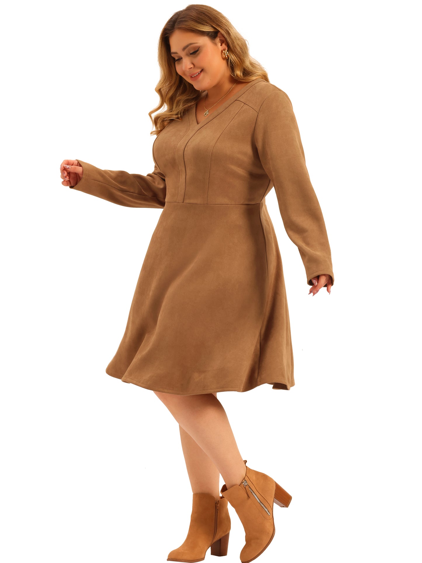 Women Plus Size Faux Suede Dress V Neck Long Sleeve A-Line Elegant Midi Dress