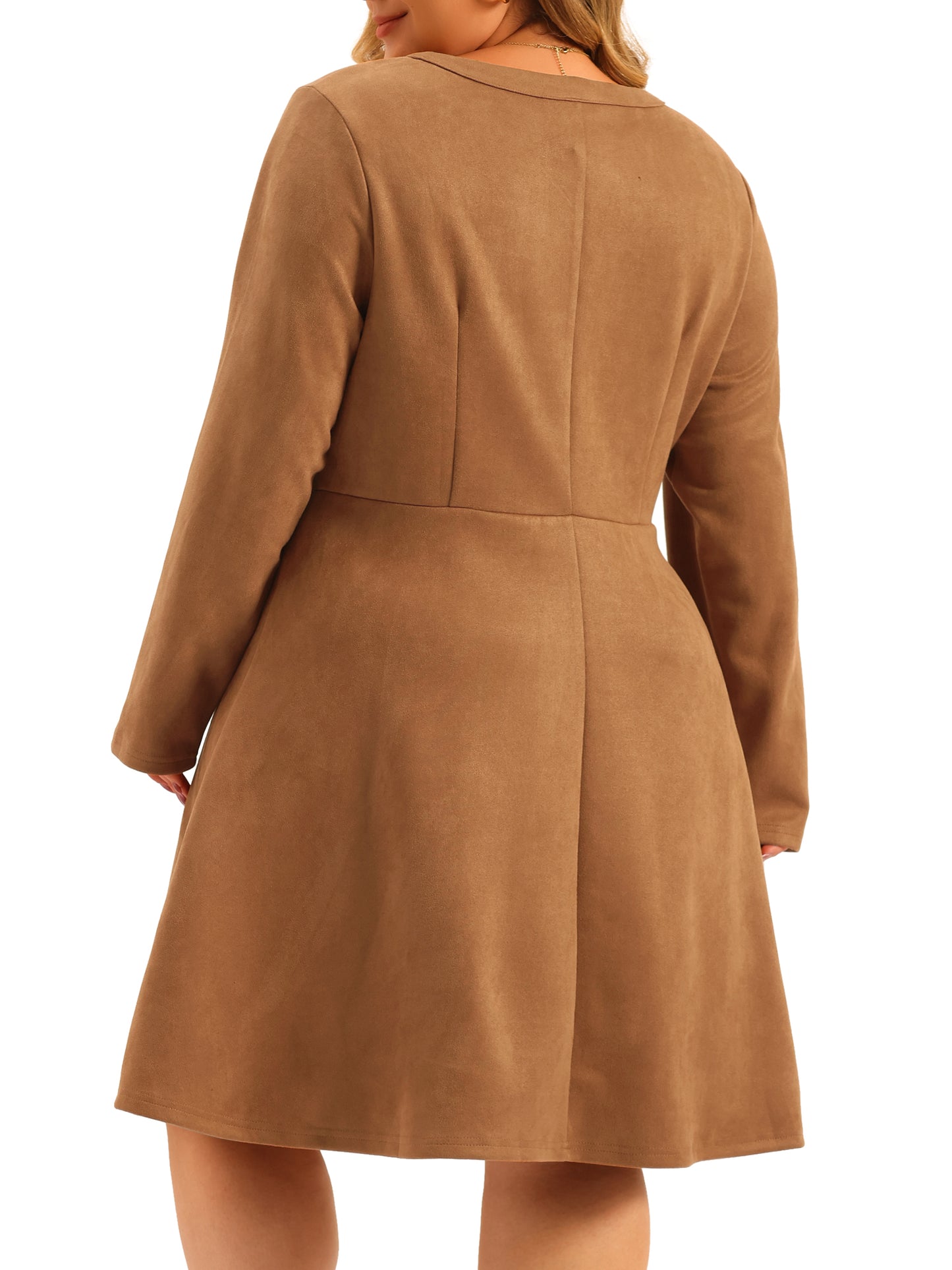 Women Plus Size Faux Suede Dress V Neck Long Sleeve A-Line Elegant Midi Dress