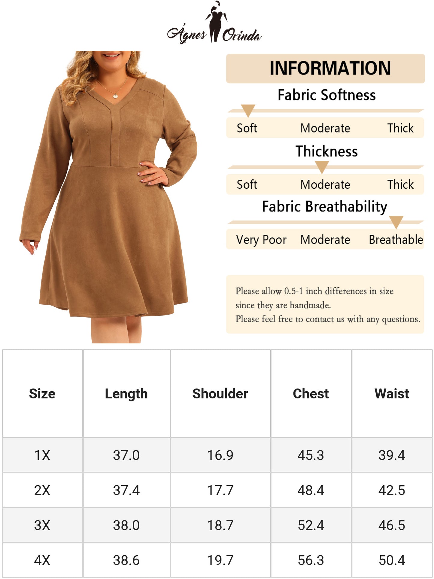 Women Plus Size Faux Suede Dress V Neck Long Sleeve A-Line Elegant Midi Dress