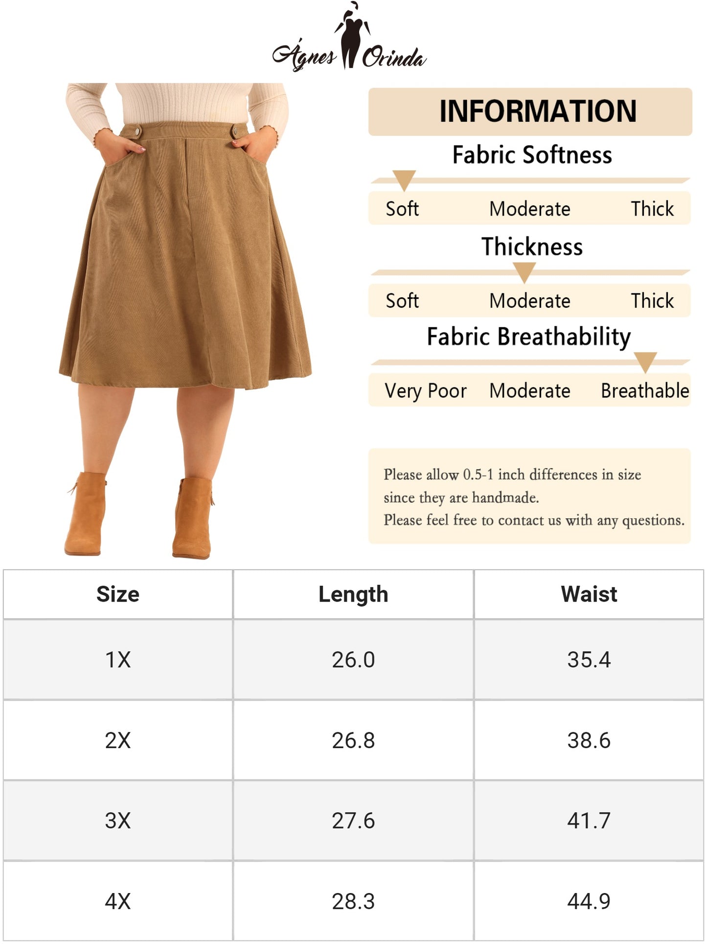 Women Plus Size Corduroy Elastic High A Line With Pockets Midi Skirt