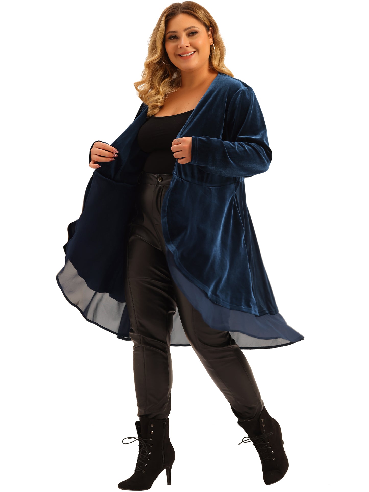 Women Plus Size Cardigan Ruffled Asymmetric Open Front Long Velvet Jacket