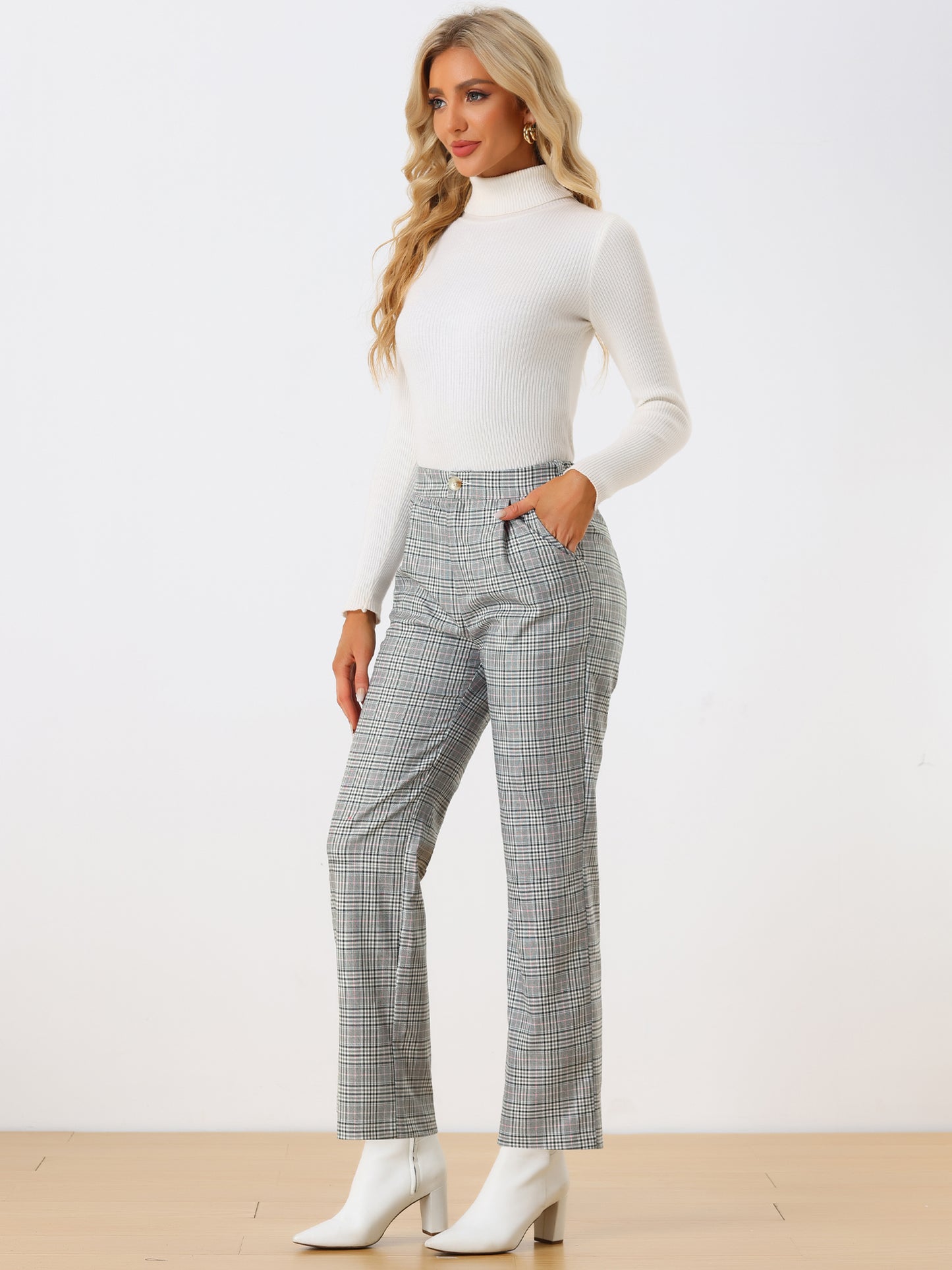 Women's Plaid Pants Elastic Waist Casual Work Office Long Trousers