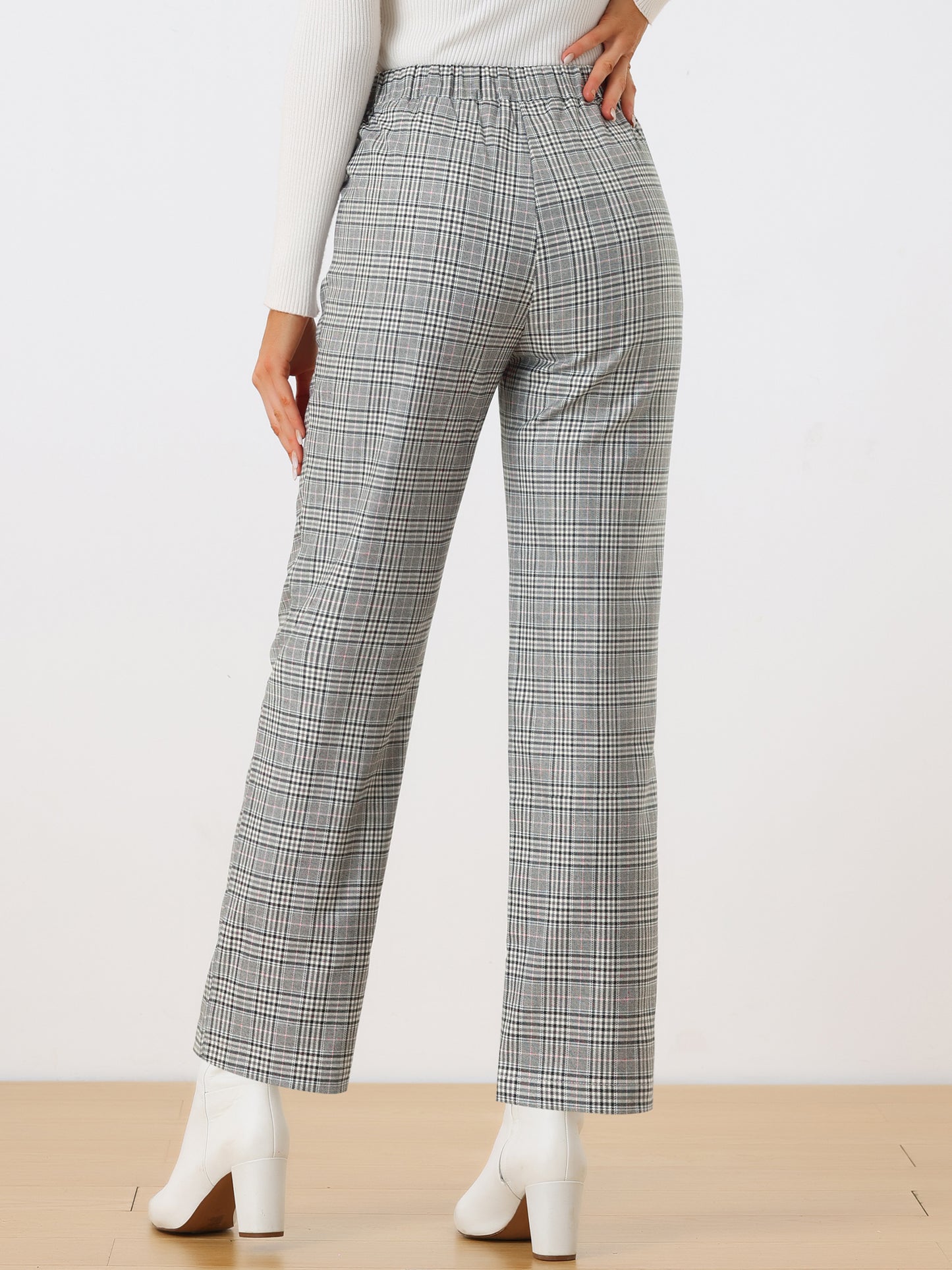 Women's Plaid Pants Elastic Waist Casual Work Office Long Trousers