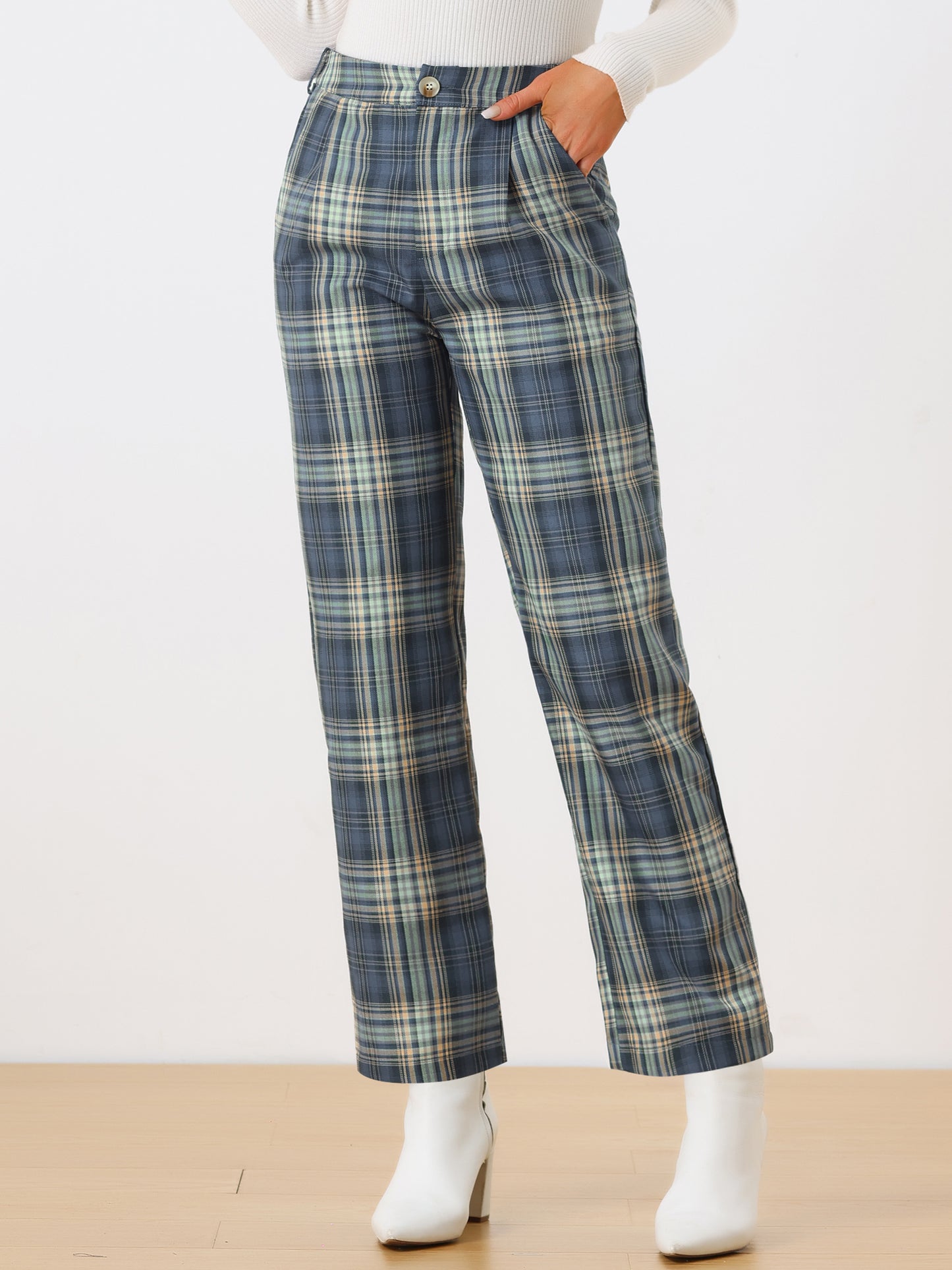 Women's Plaid Pants Elastic Waist Casual Work Office Long Trousers