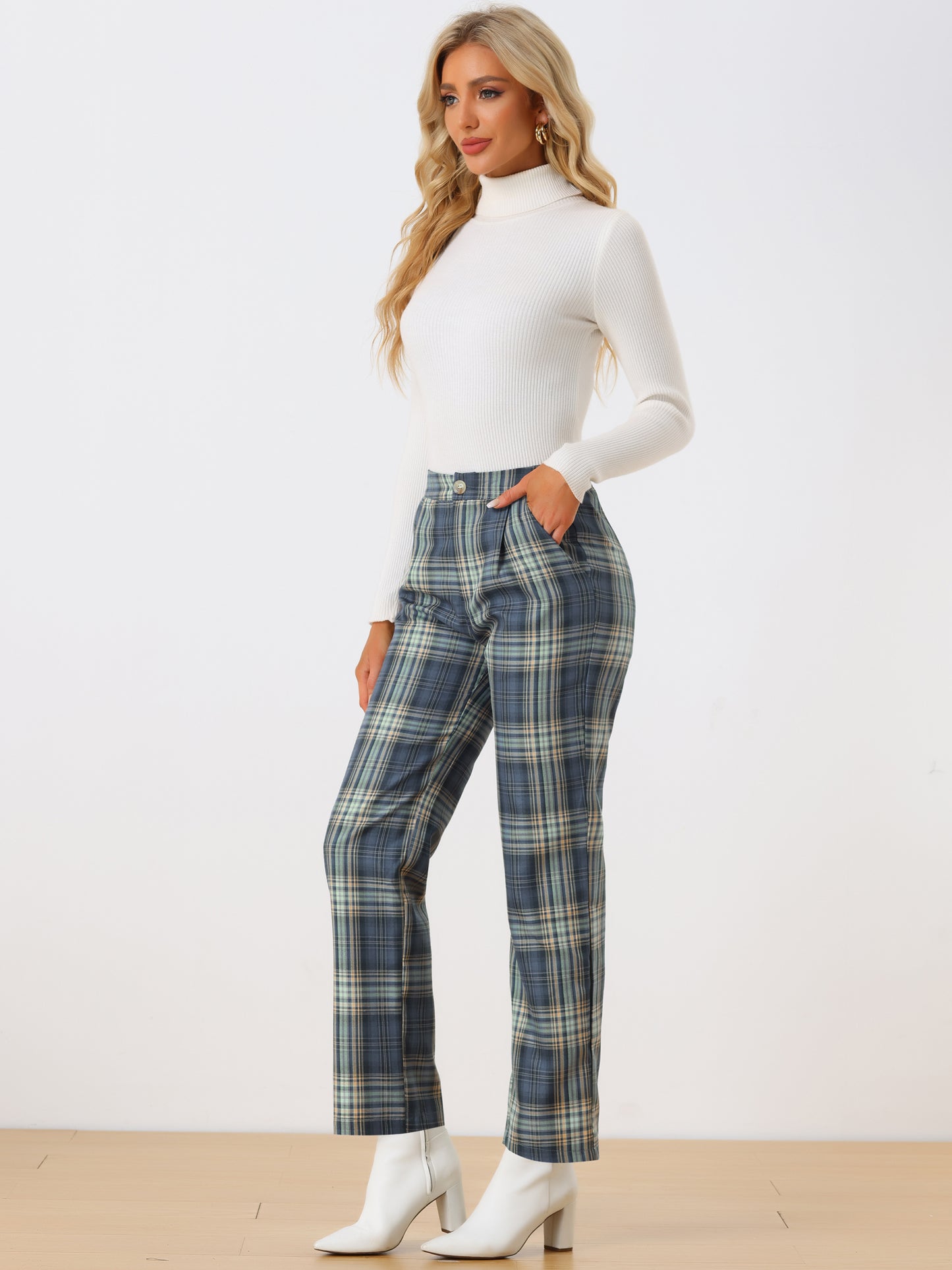 Women's Plaid Pants Elastic Waist Casual Work Office Long Trousers