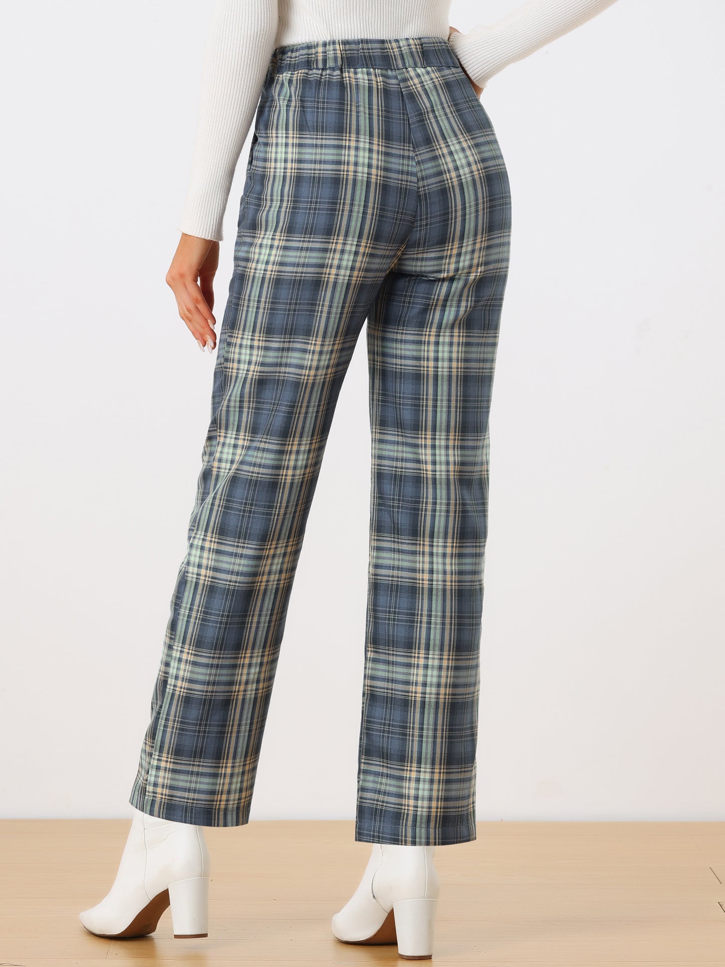 Women's Plaid Pants Elastic Waist Casual Work Office Long Trousers