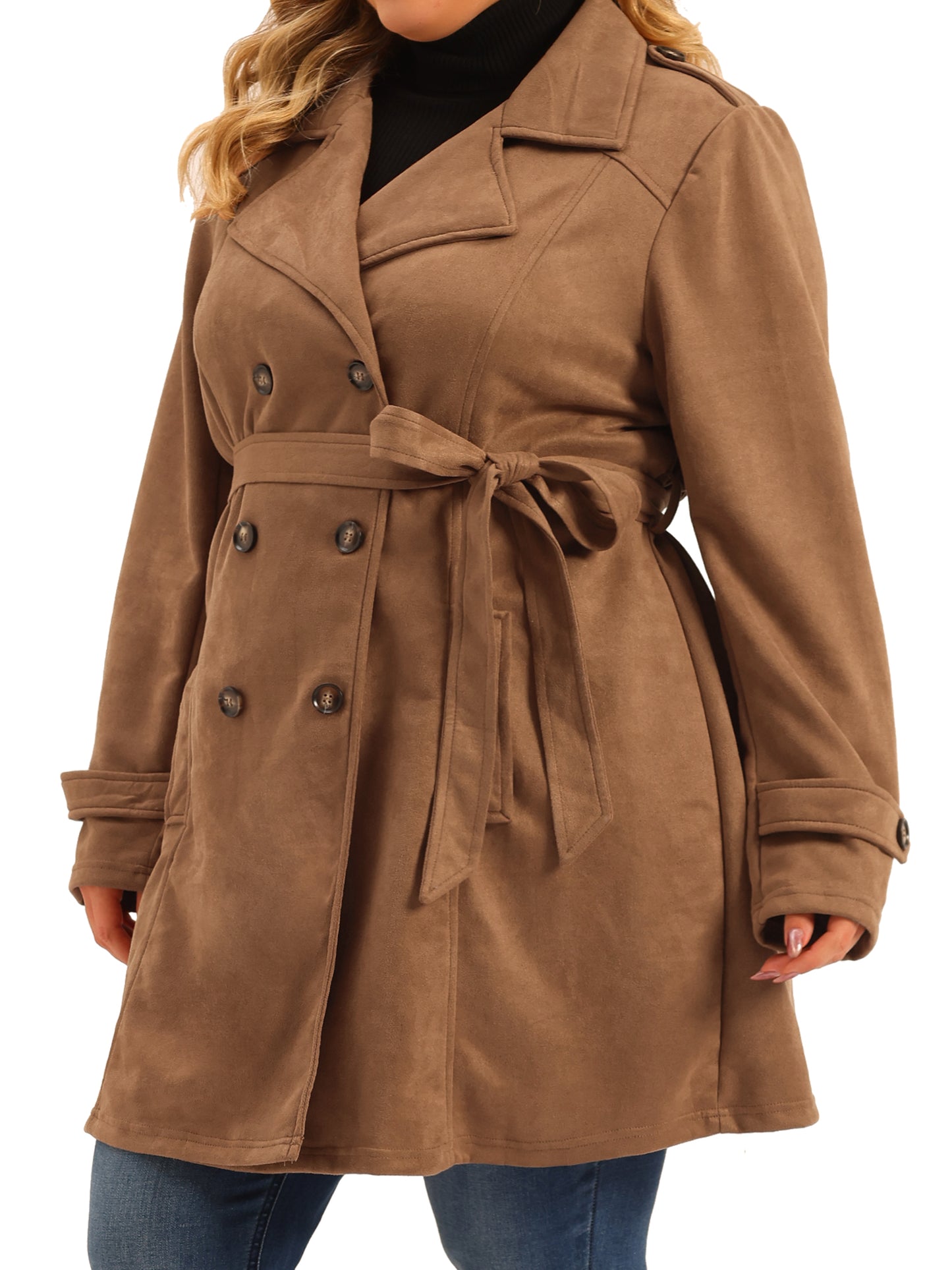 Women Plus Size Trench Coat Faux Suede Jackets Notched Lapel Double Breasted Coat Jacket