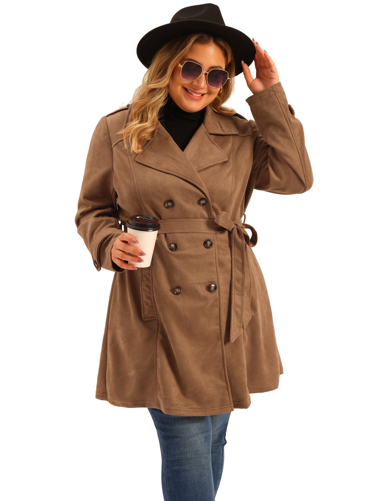 Women Plus Size Trench Coat Faux Suede Jackets Notched Lapel Double Breasted Coat Jacket