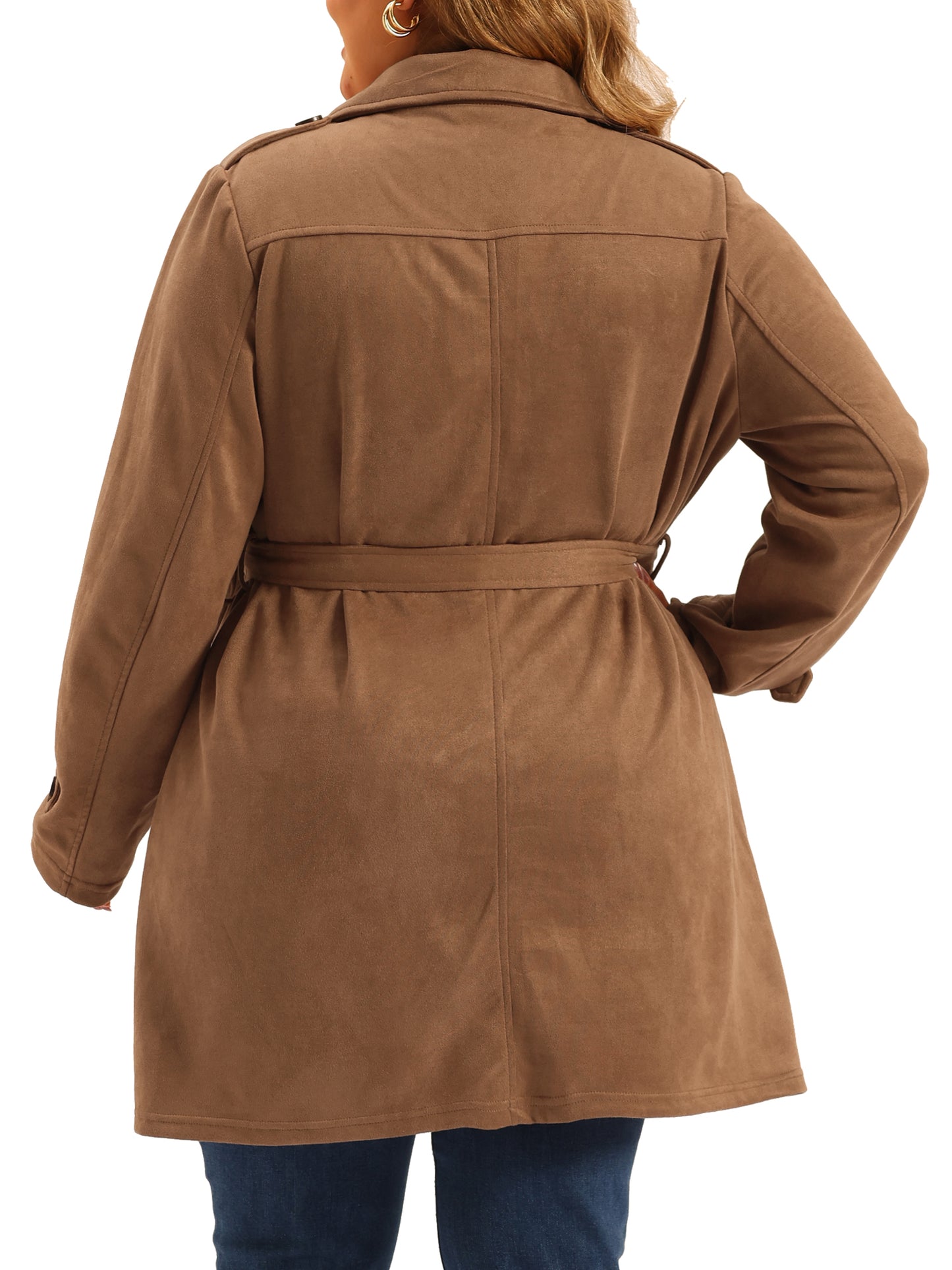 Women Plus Size Trench Coat Faux Suede Jackets Notched Lapel Double Breasted Coat Jacket