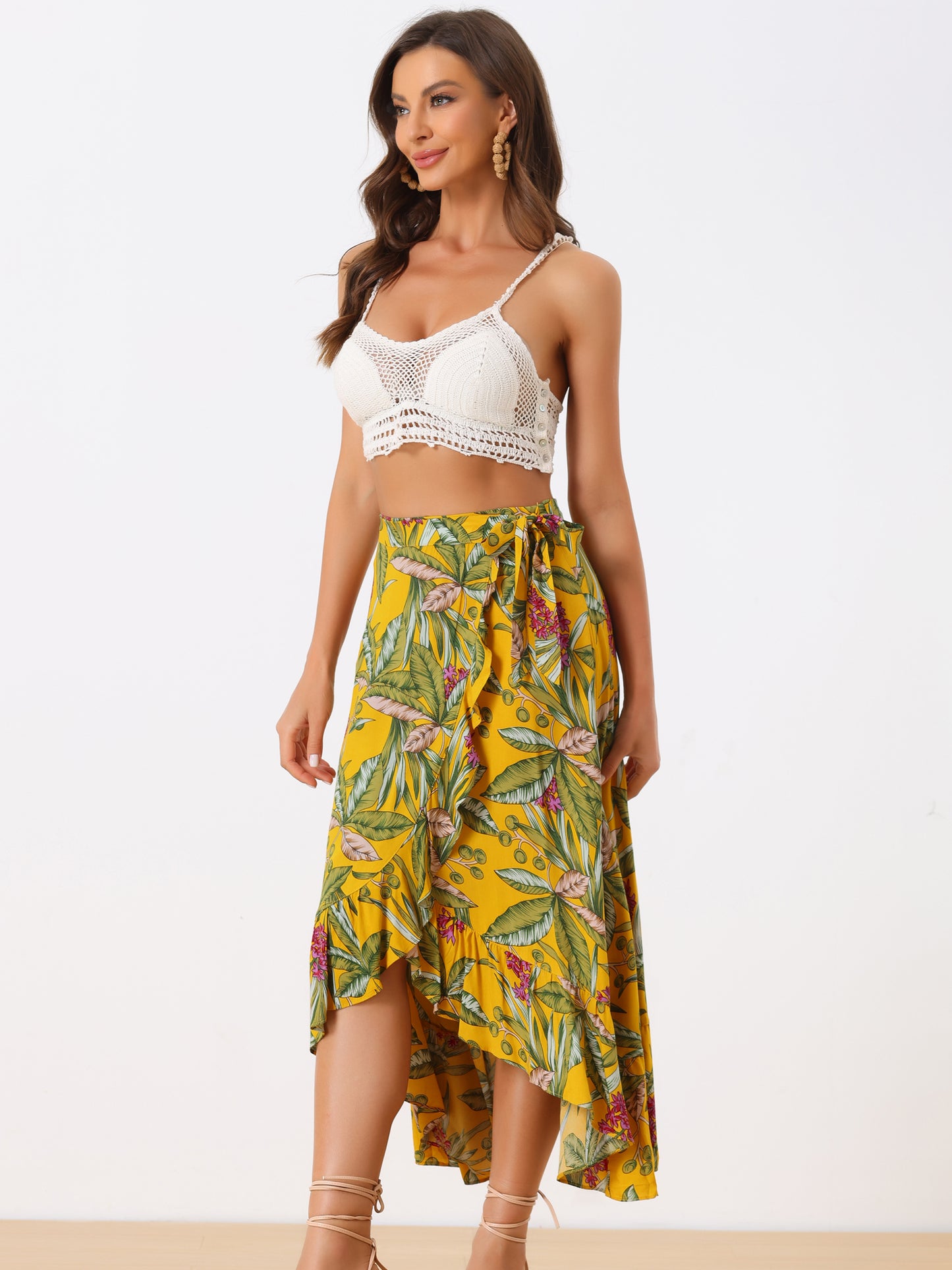 Women's Tropical Floral Print Ruffle Self Tie Knot Split Beach Wrap Skirt