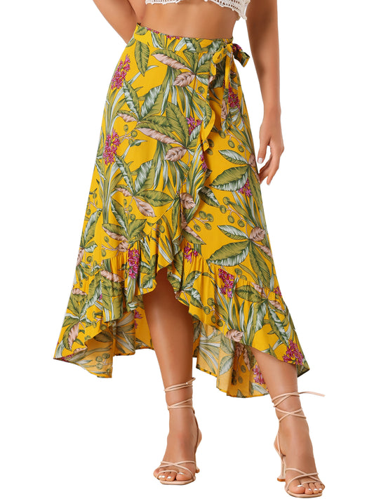 Women's Tropical Floral Print Ruffle Self Tie Knot Split Beach Wrap Skirt