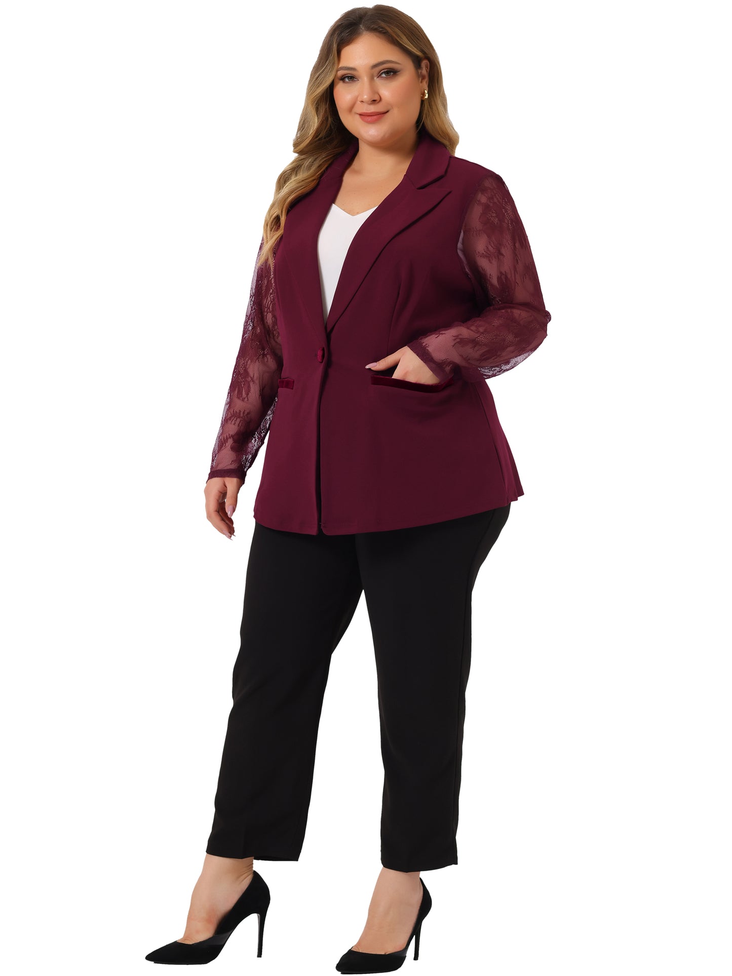 Women Plus Size Blazers Work Jackets Notch Lapel Lace Front Blazer Jackets