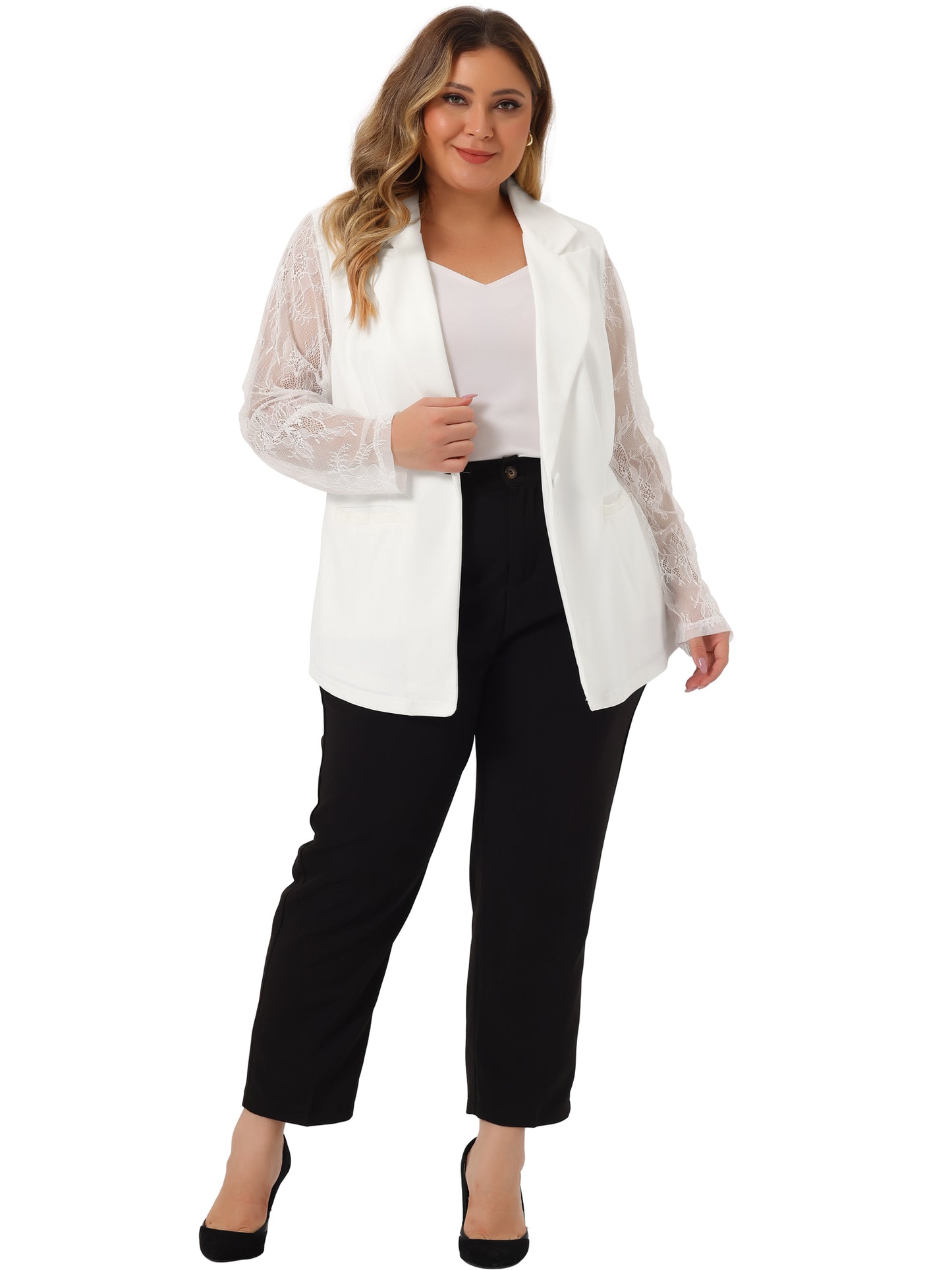 Women Plus Size Blazers Work Jackets Notch Lapel Lace Front Blazer Jackets