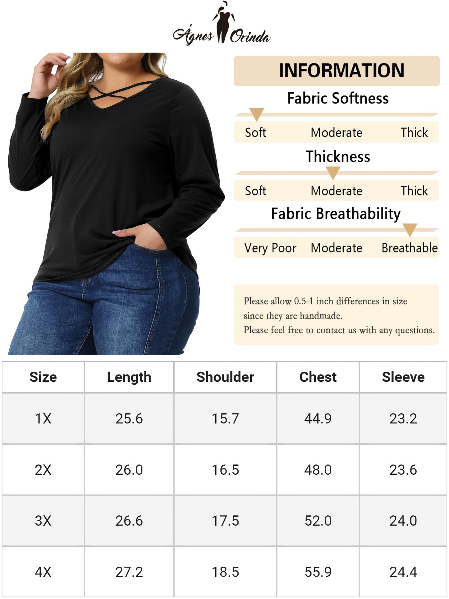 Women Plus Size Top Cross V Neck Casual Long Sleeves T-shirt