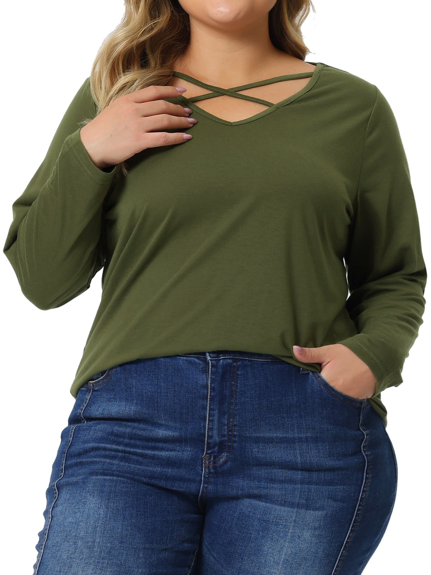 Women Plus Size Top Cross V Neck Casual Long Sleeves T-shirt