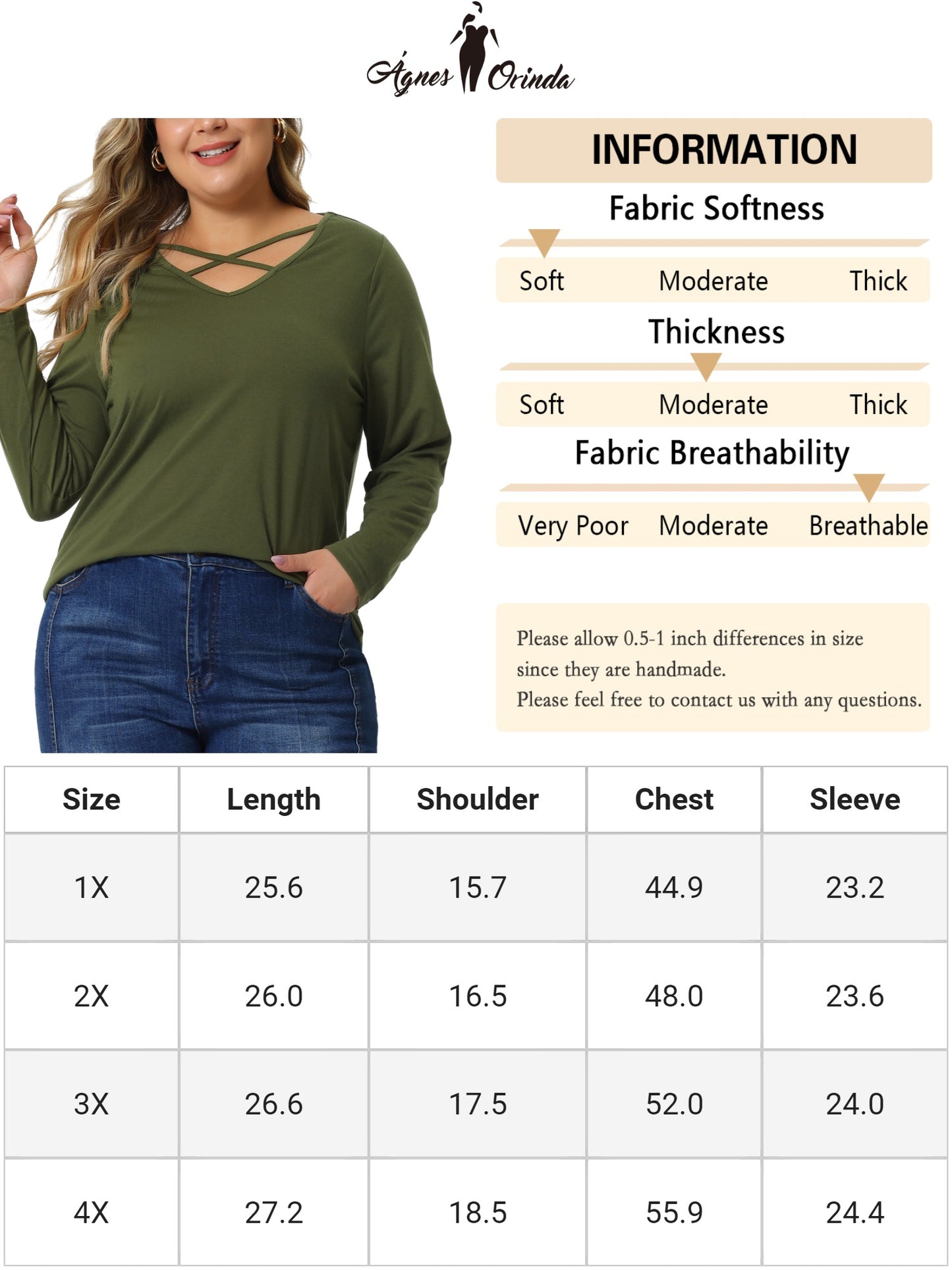 Women Plus Size Top Cross V Neck Casual Long Sleeves T-shirt