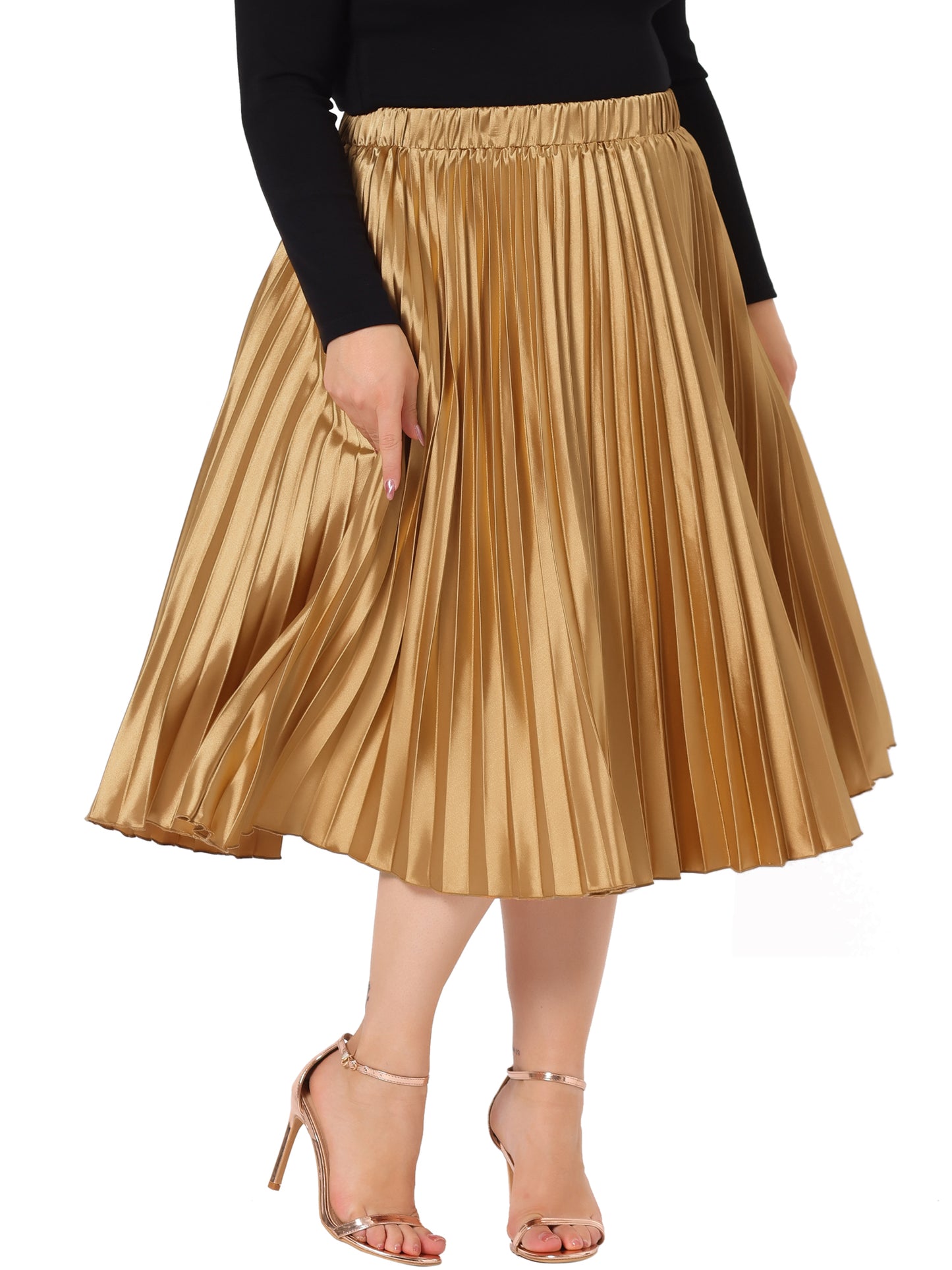 Women Plus Size Skirts Elastic High Waist Party Metallic Shiny Accordion Pleated Midi Skirt