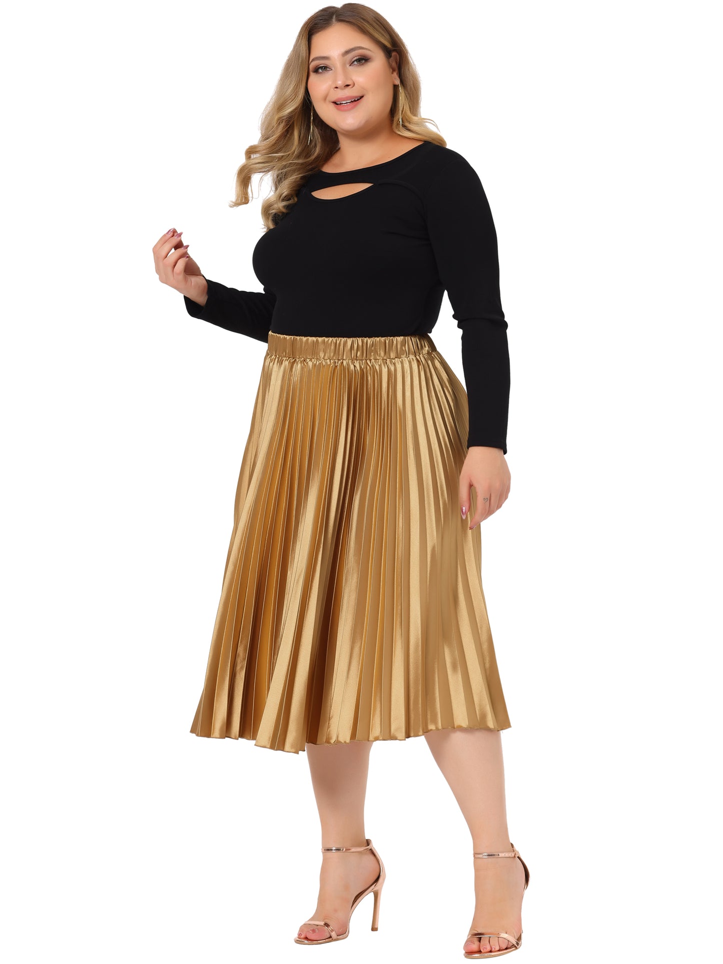 Women Plus Size Skirts Elastic High Waist Party Metallic Shiny Accordion Pleated Midi Skirt