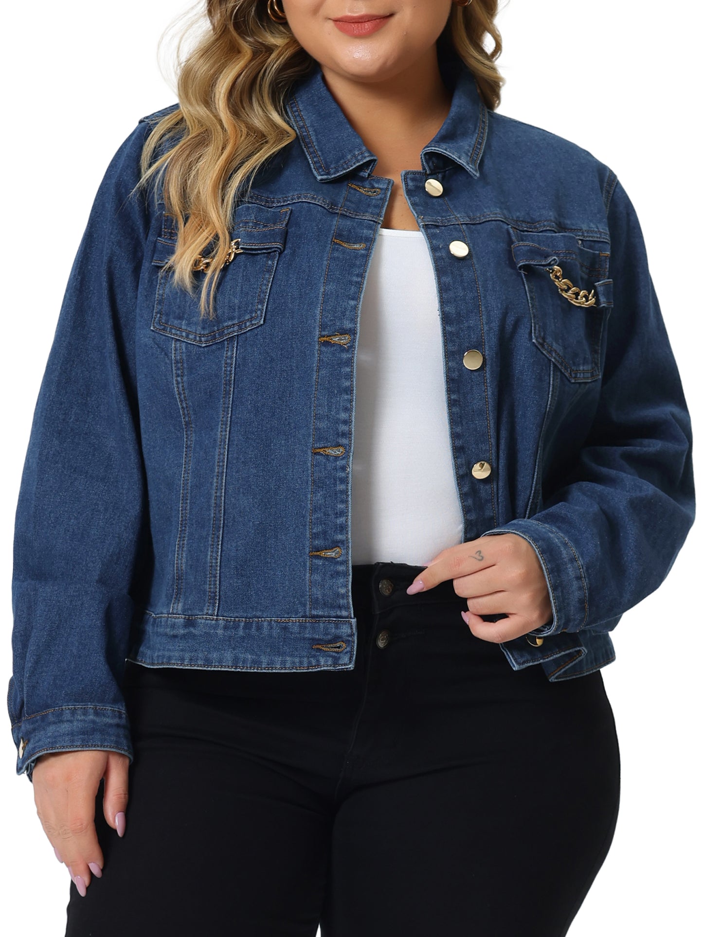 Women Plus Size Denim Jacket Long Sleeves Button Down Cropped Jean Jacket