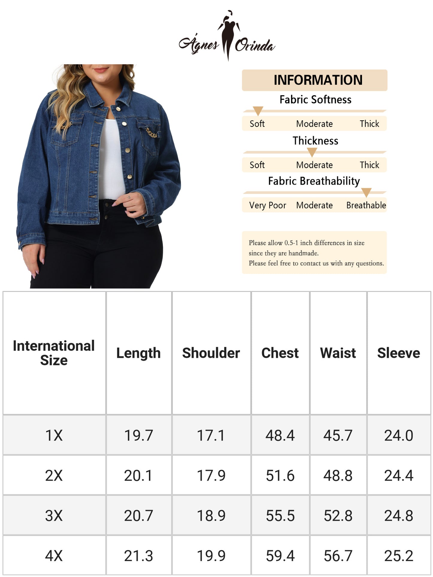 Women Plus Size Denim Jacket Long Sleeves Button Down Cropped Jean Jacket