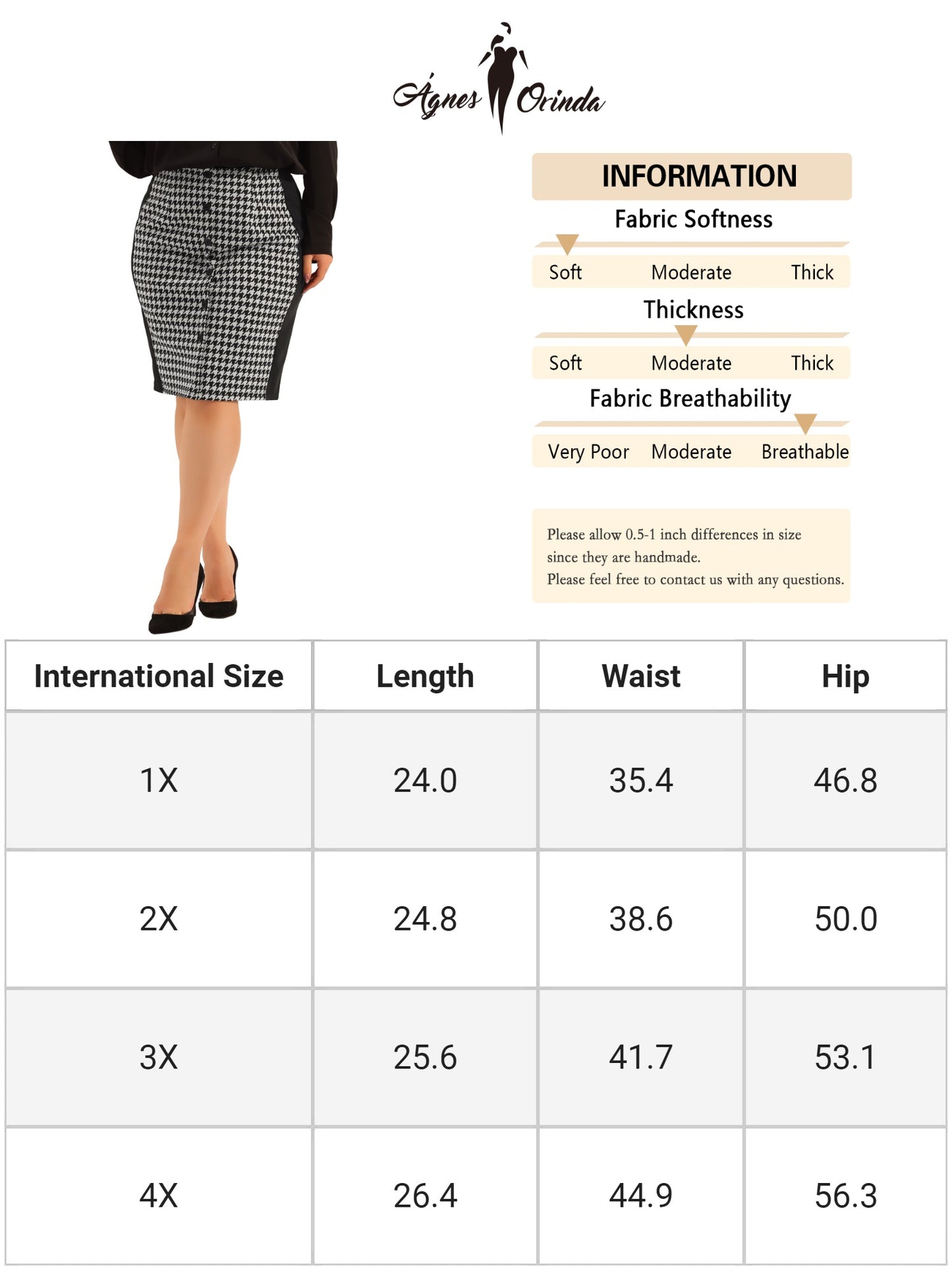 Women Plus Size Pencil Skirt Work Houndstooth Pattern Slim Knee Skirt