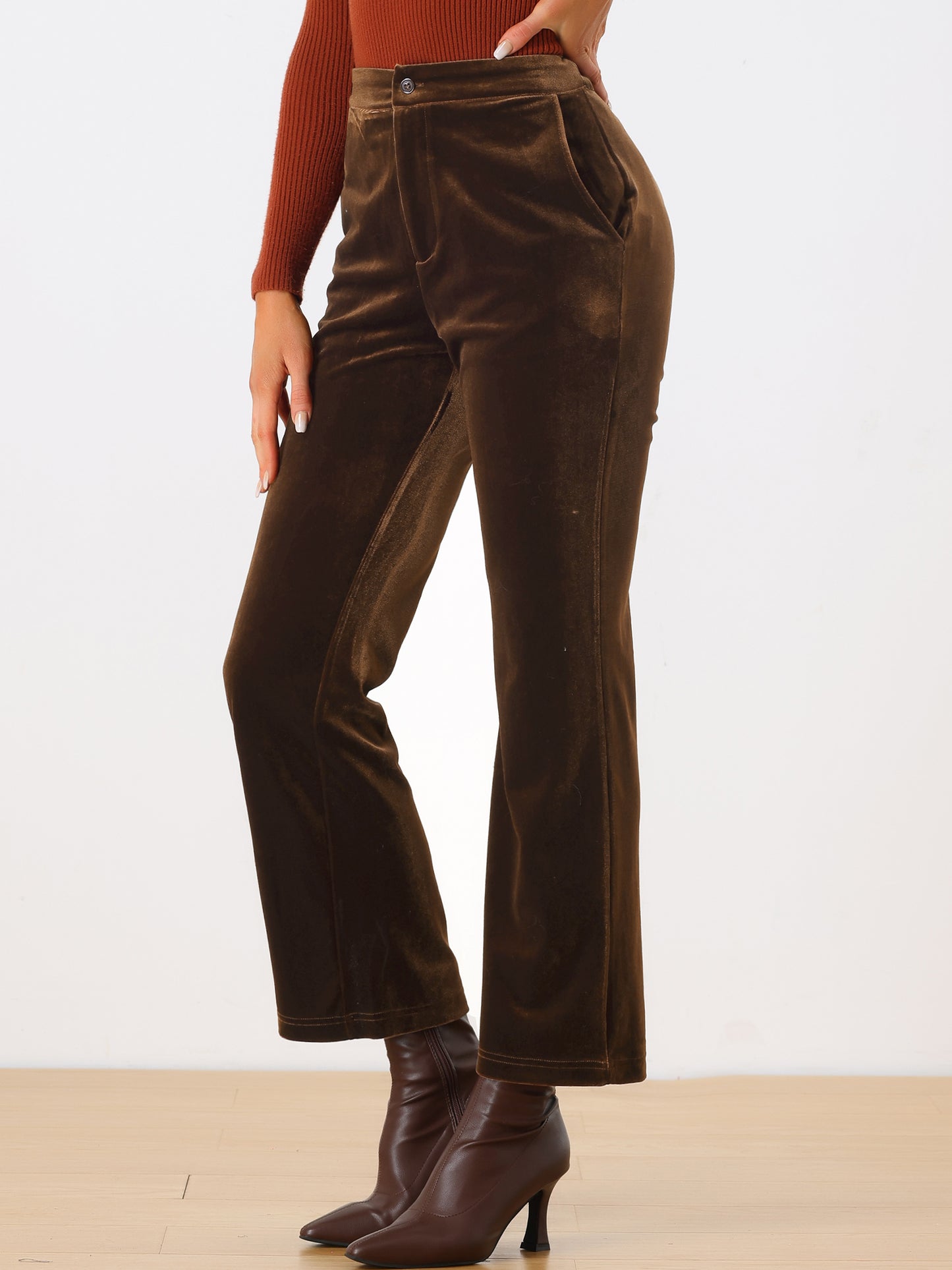 Women's Velvet Elegant High Waist Trousers with Pockets Work Ankle Pants