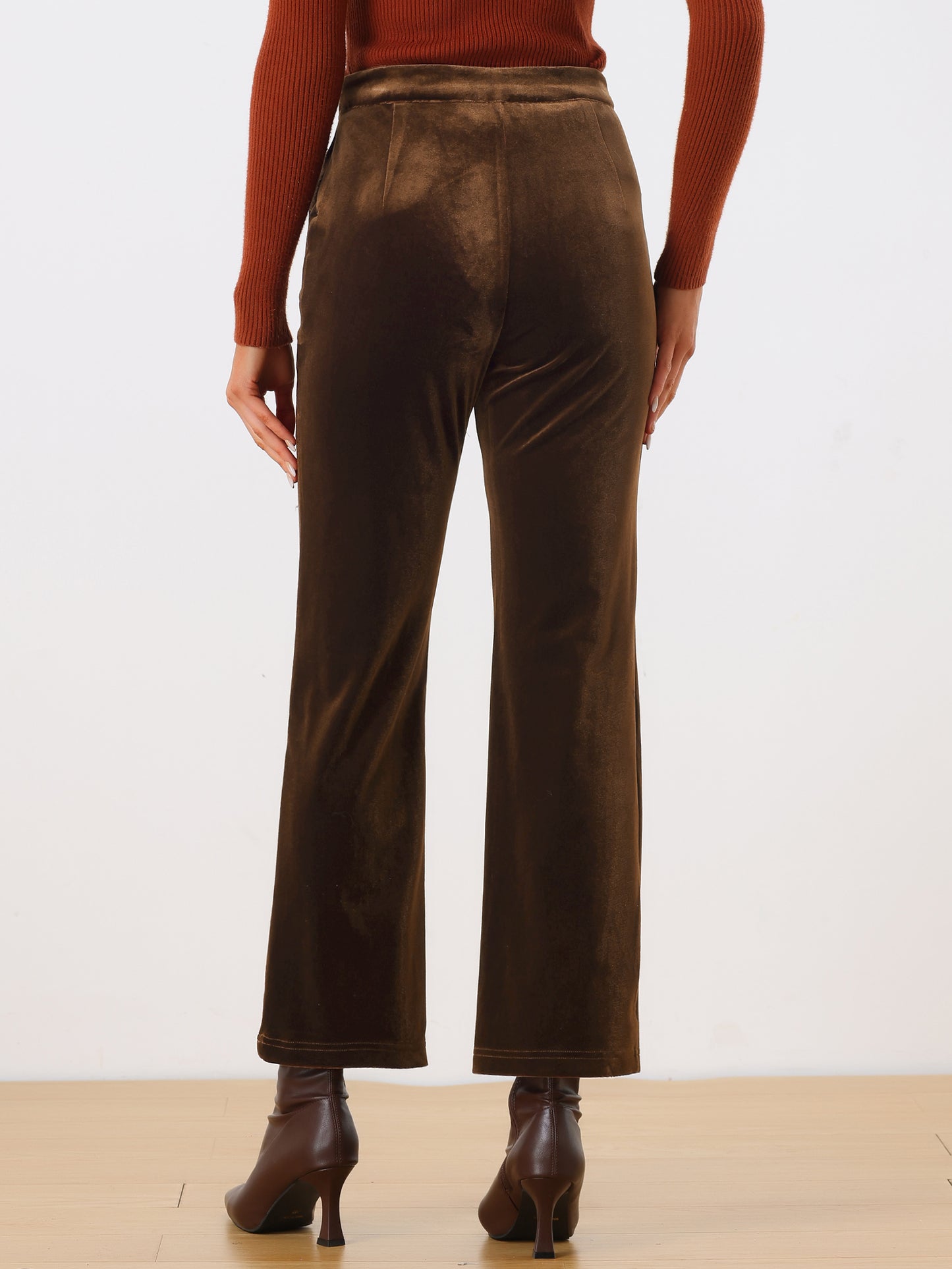 Women's Velvet Elegant High Waist Trousers with Pockets Work Ankle Pants