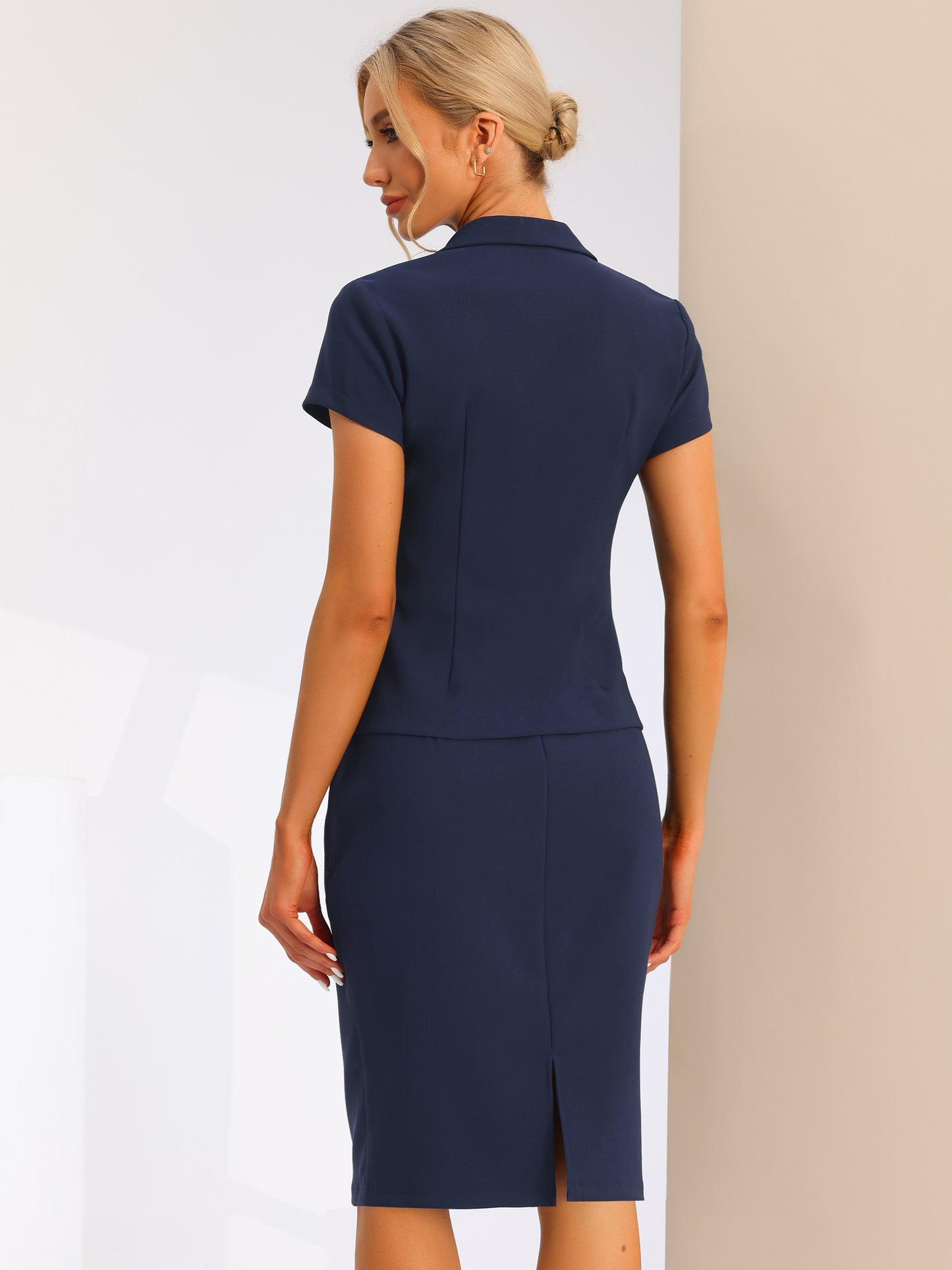 Women's Business Skirt Suit Set Work Office Short Sleeve Blazer Jacket Pencil Skirt (Available in Plus Size)