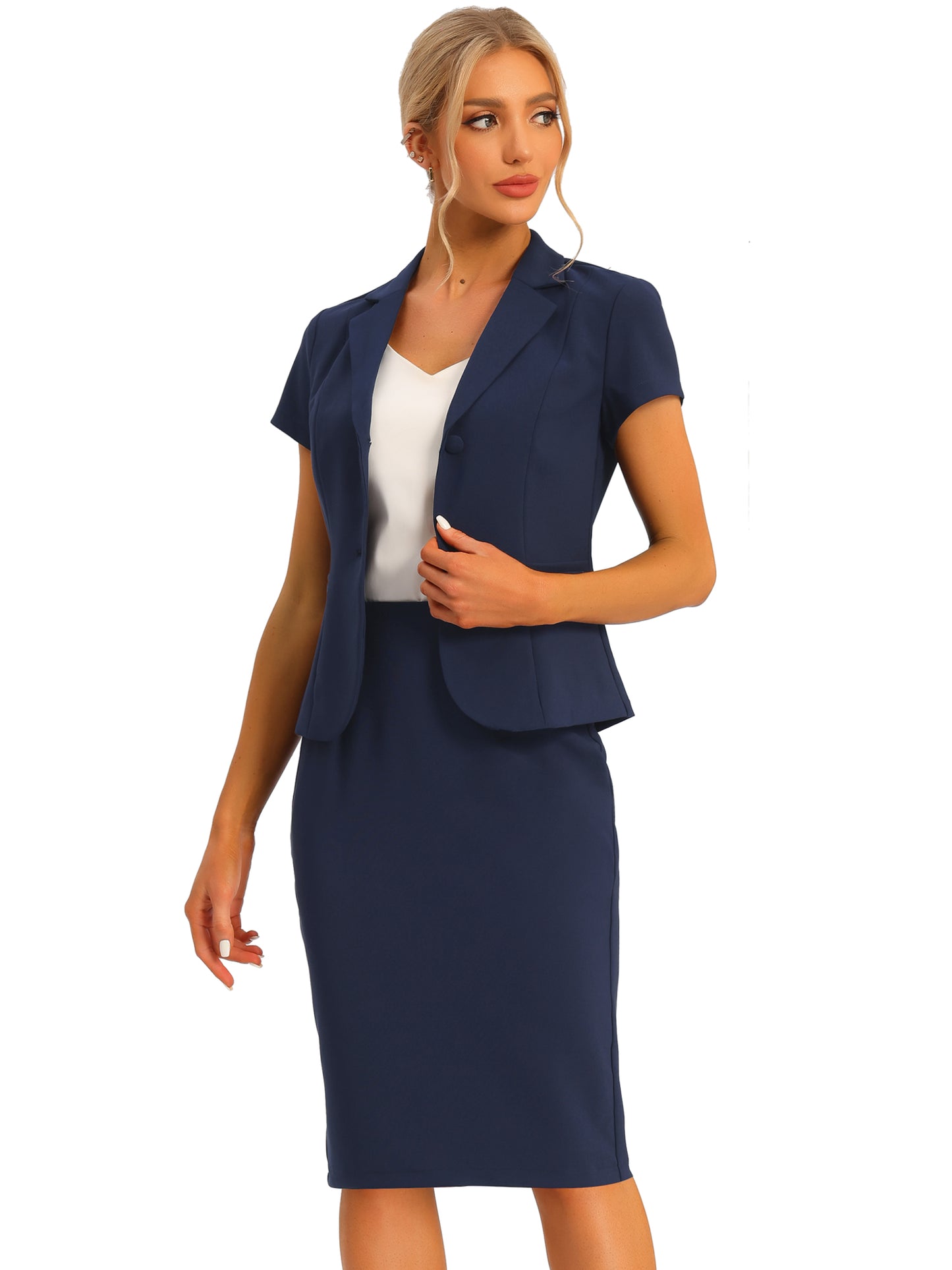 Women's Business Skirt Suit Set Work Office Short Sleeve Blazer Jacket Pencil Skirt (Available in Plus Size)