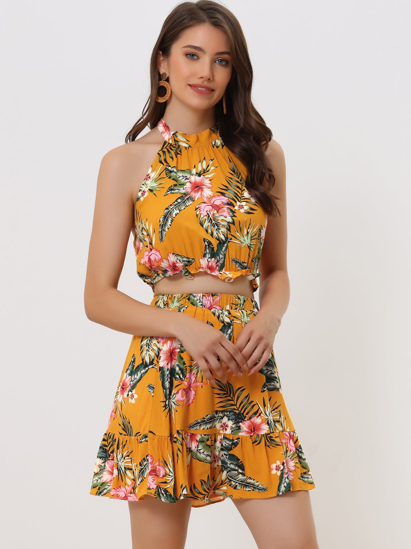 Women's 2 Piece Floral Halter Neck Sleeveless Crop Top with Short Skirt Set