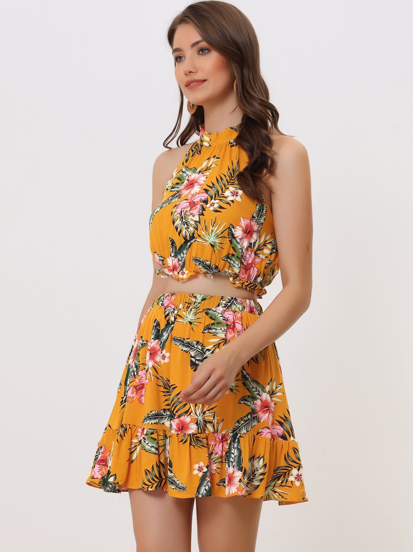 Women's 2 Piece Floral Halter Neck Sleeveless Crop Top with Short Skirt Set