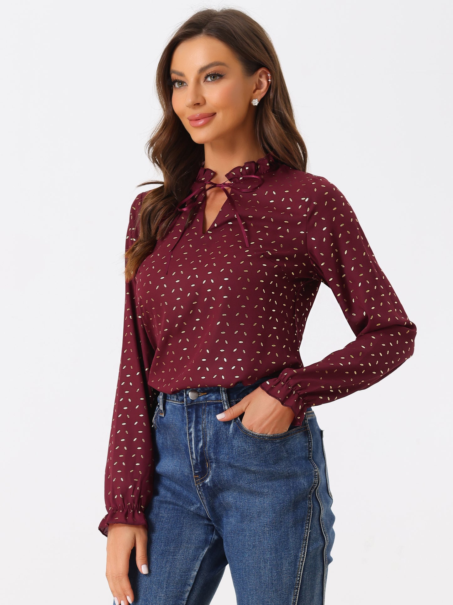 Women's Bow Tie Neck Blouse Ruffled Collar Printed Long Sleeve Top