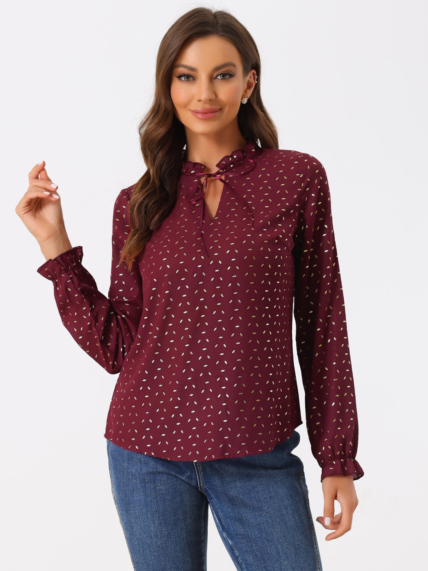 Women's Bow Tie Neck Blouse Ruffled Collar Printed Long Sleeve Top