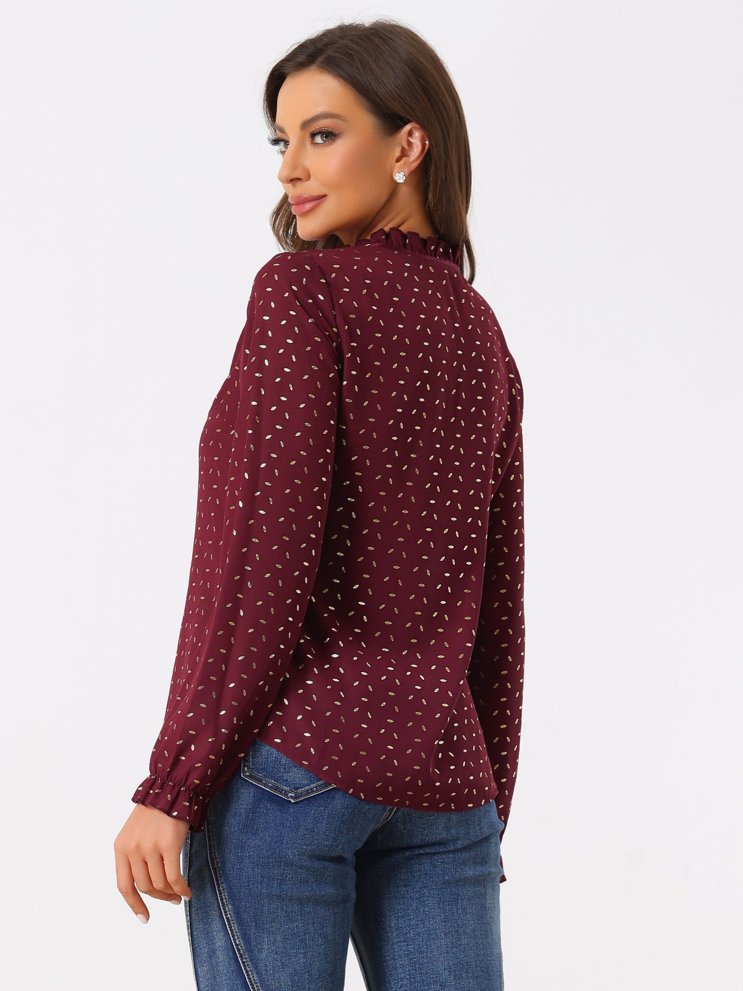 Women's Bow Tie Neck Blouse Ruffled Collar Printed Long Sleeve Top