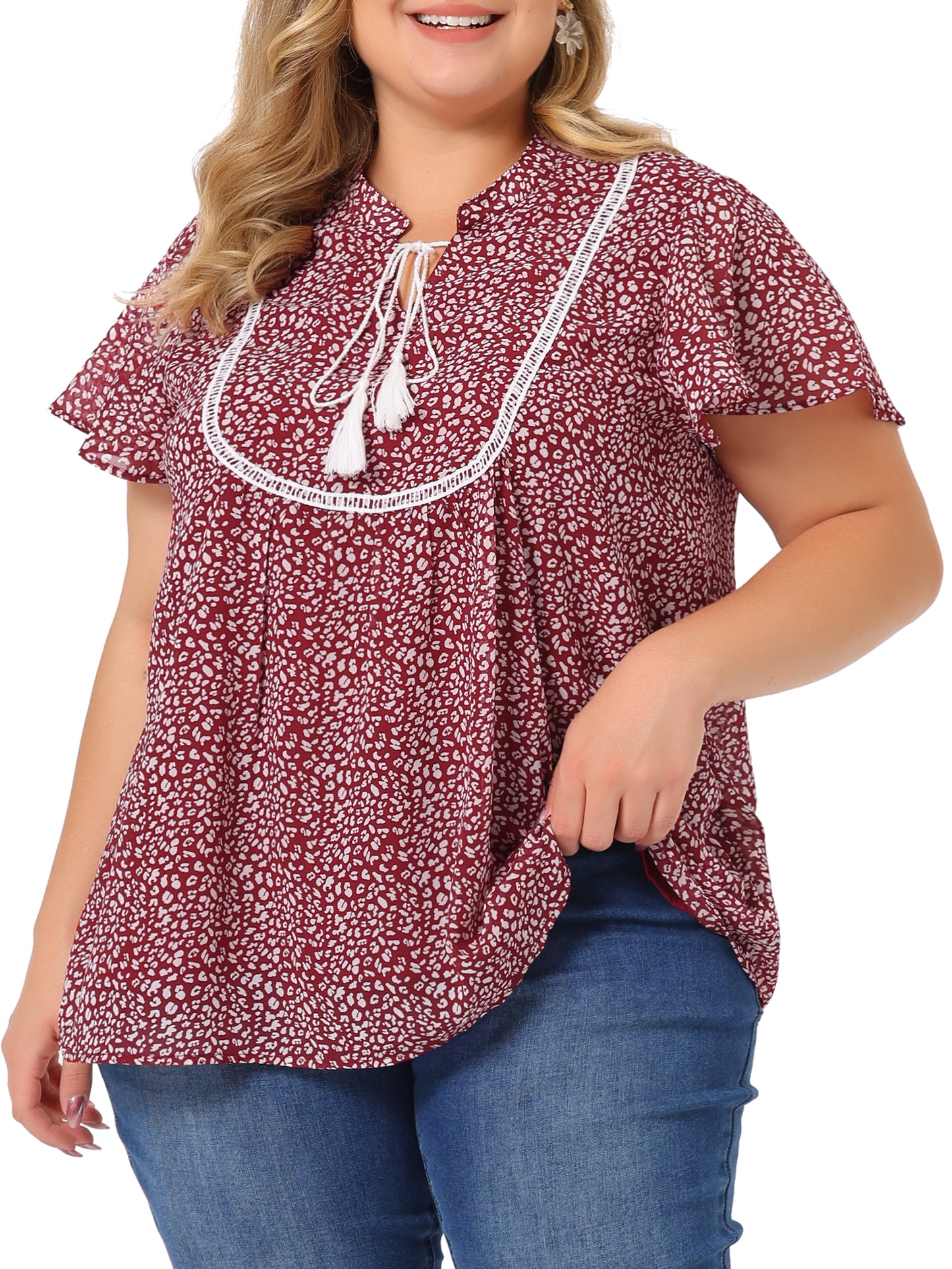 Women's Plus Size Floral Printed Bib Peasant Blouses Tie Neck Keyhole Summer Boho Top