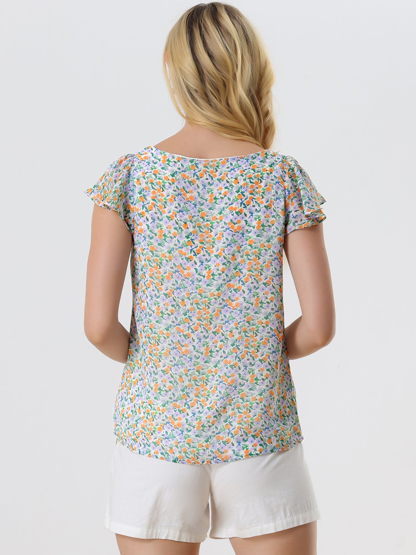 Blusa floral de verano para mujer, informal, de gasa, con cuello cuadrado y manga corta con volantes