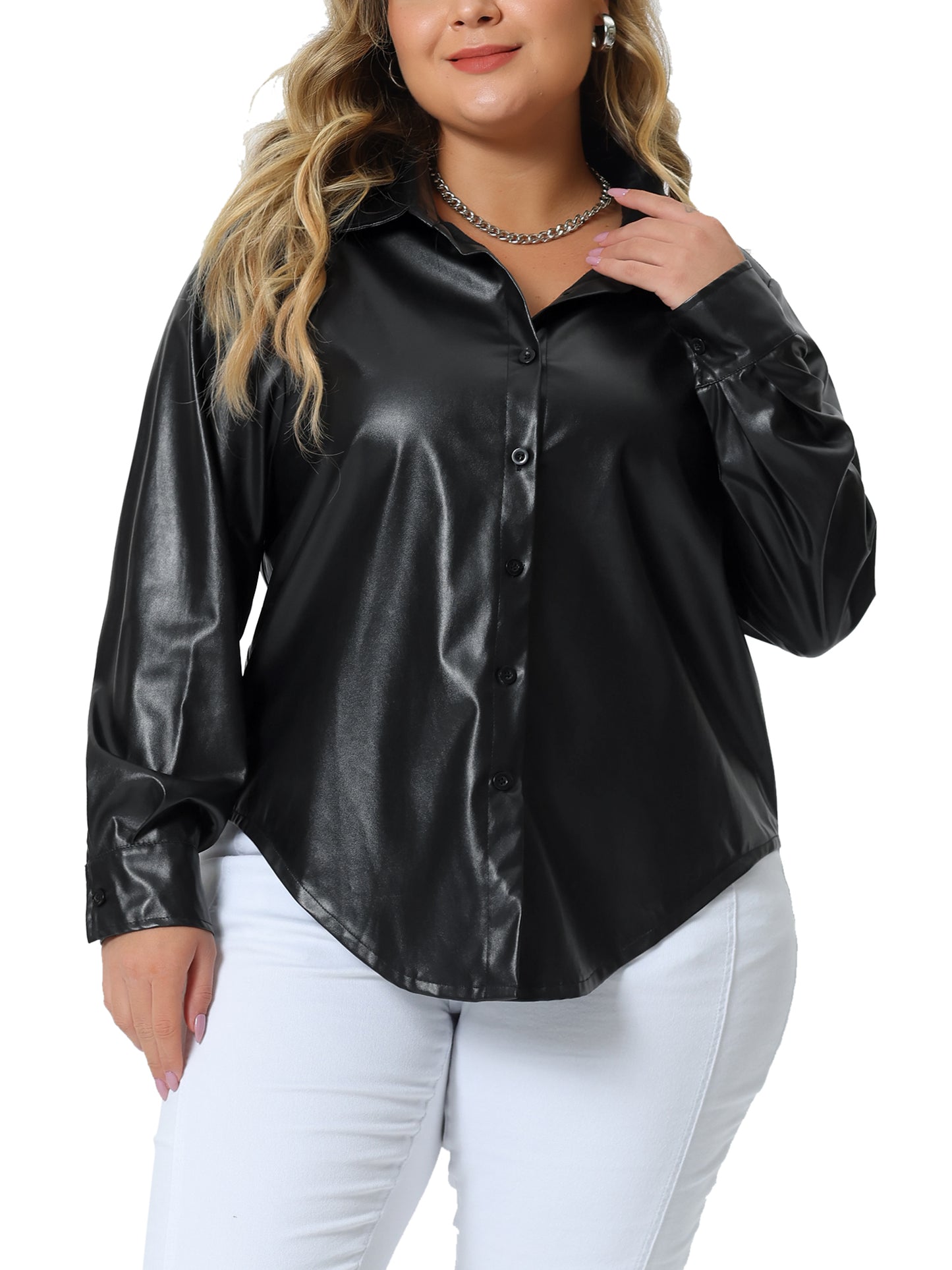 Women Plus Size Faux Leather Jacket Shacket Button Down Shirt