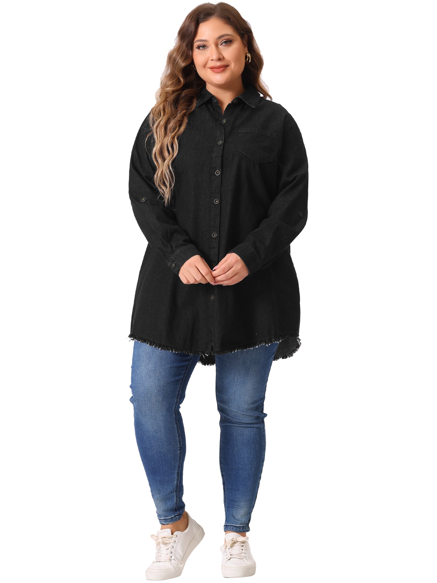 Women Plus Size Shirts Chambray Top Button Down Denim Shirt Top