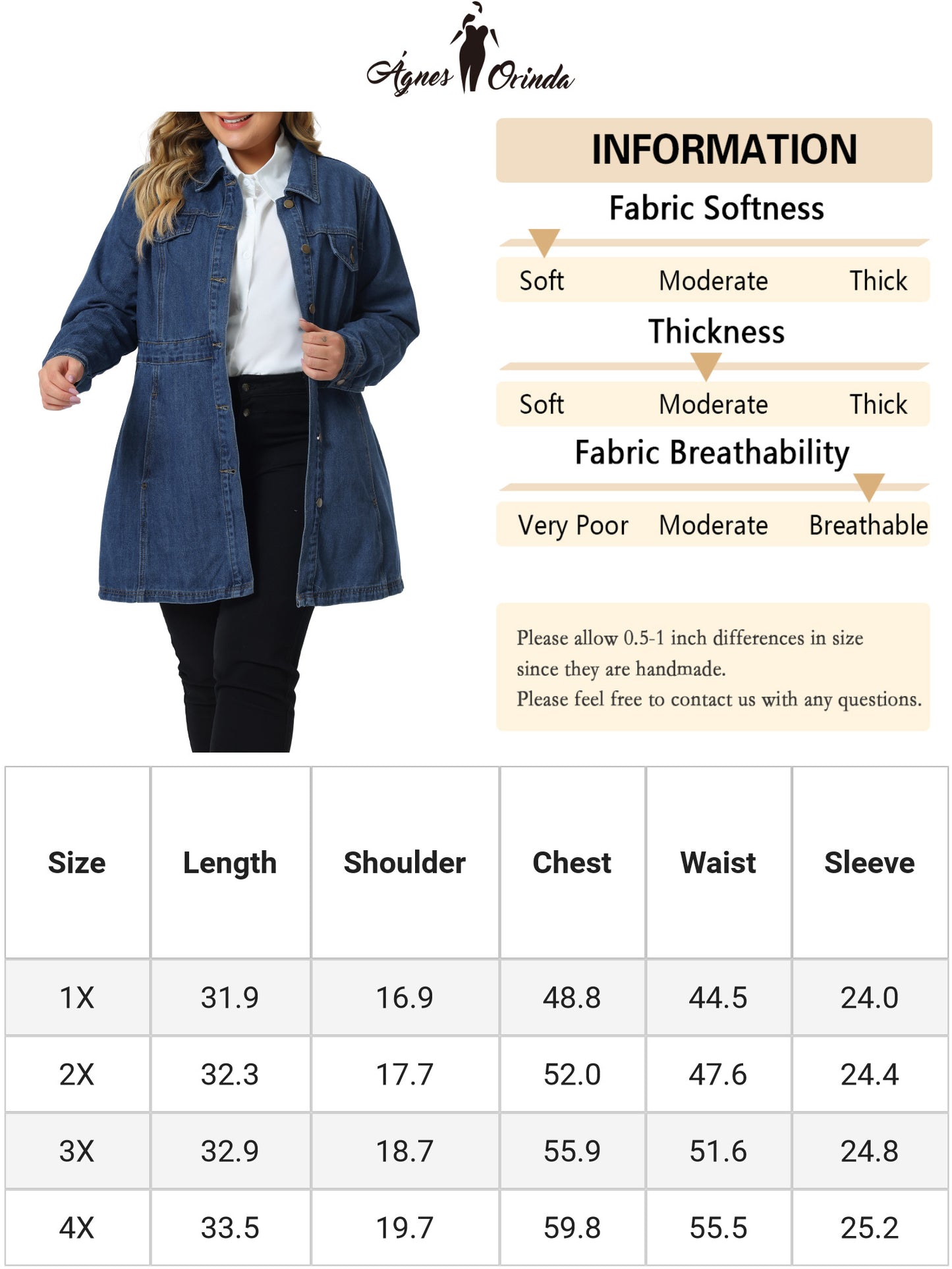 Women Plus Size Denim Jacket Buttons Long Sleeve Jean Jacket