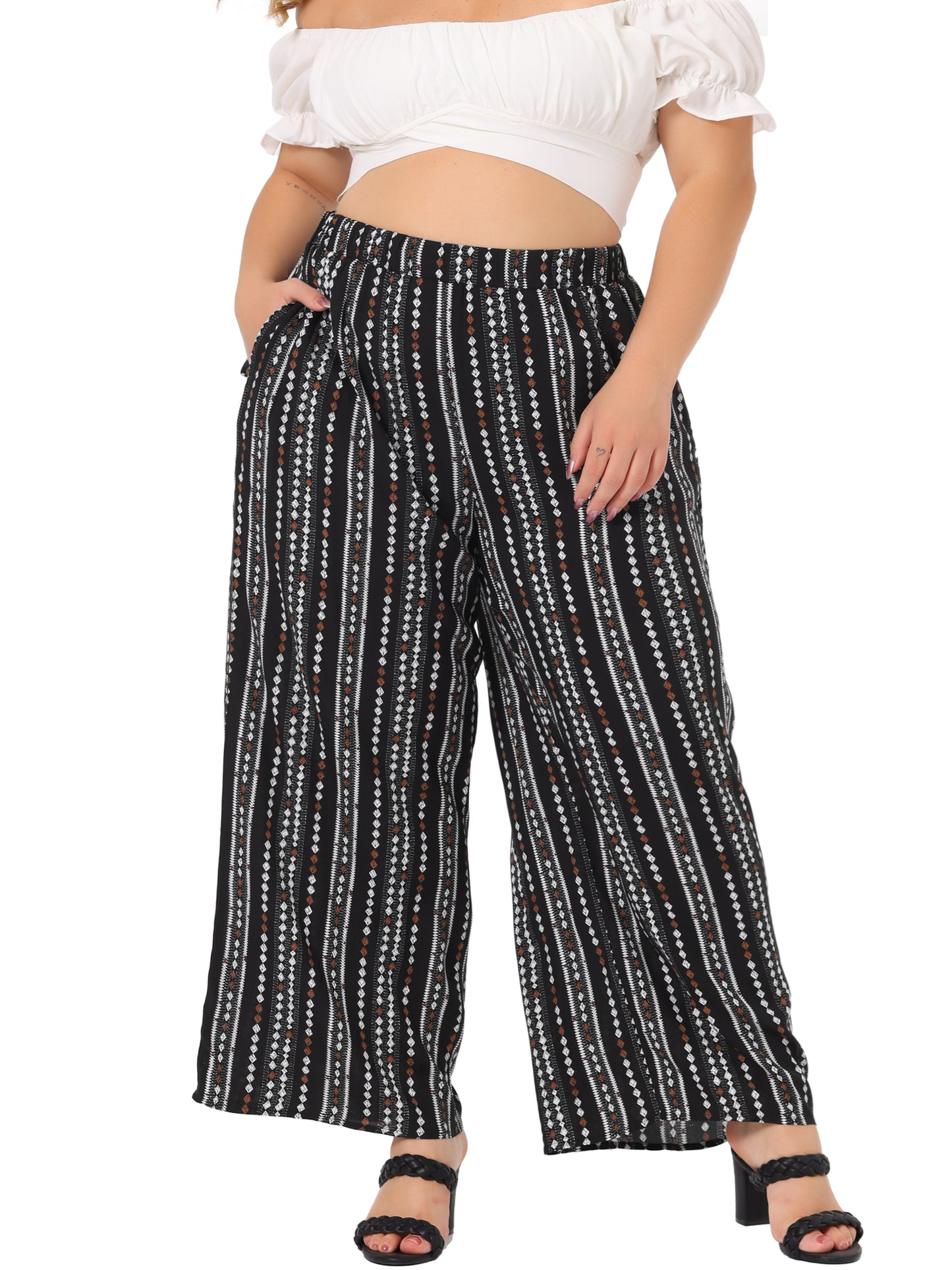 Women Plus Size Palazzo Pants Stripe Boho Wide Leg Paper Bag Pants Beach Casual Summer