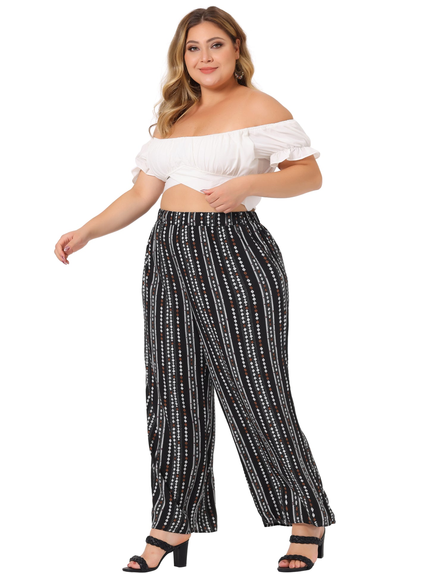 Women Plus Size Palazzo Pants Stripe Boho Wide Leg Paper Bag Pants Beach Casual Summer
