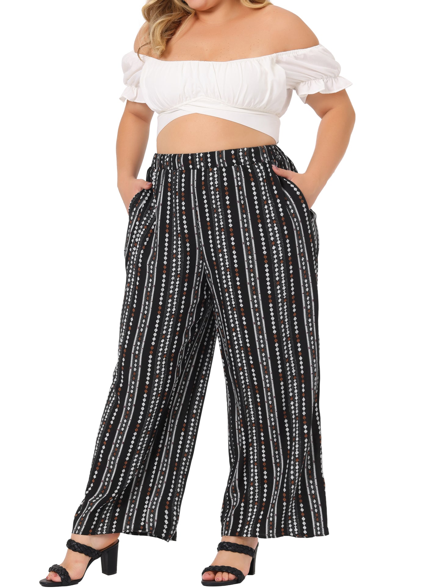 Women Plus Size Palazzo Pants Stripe Boho Wide Leg Paper Bag Pants Beach Casual Summer