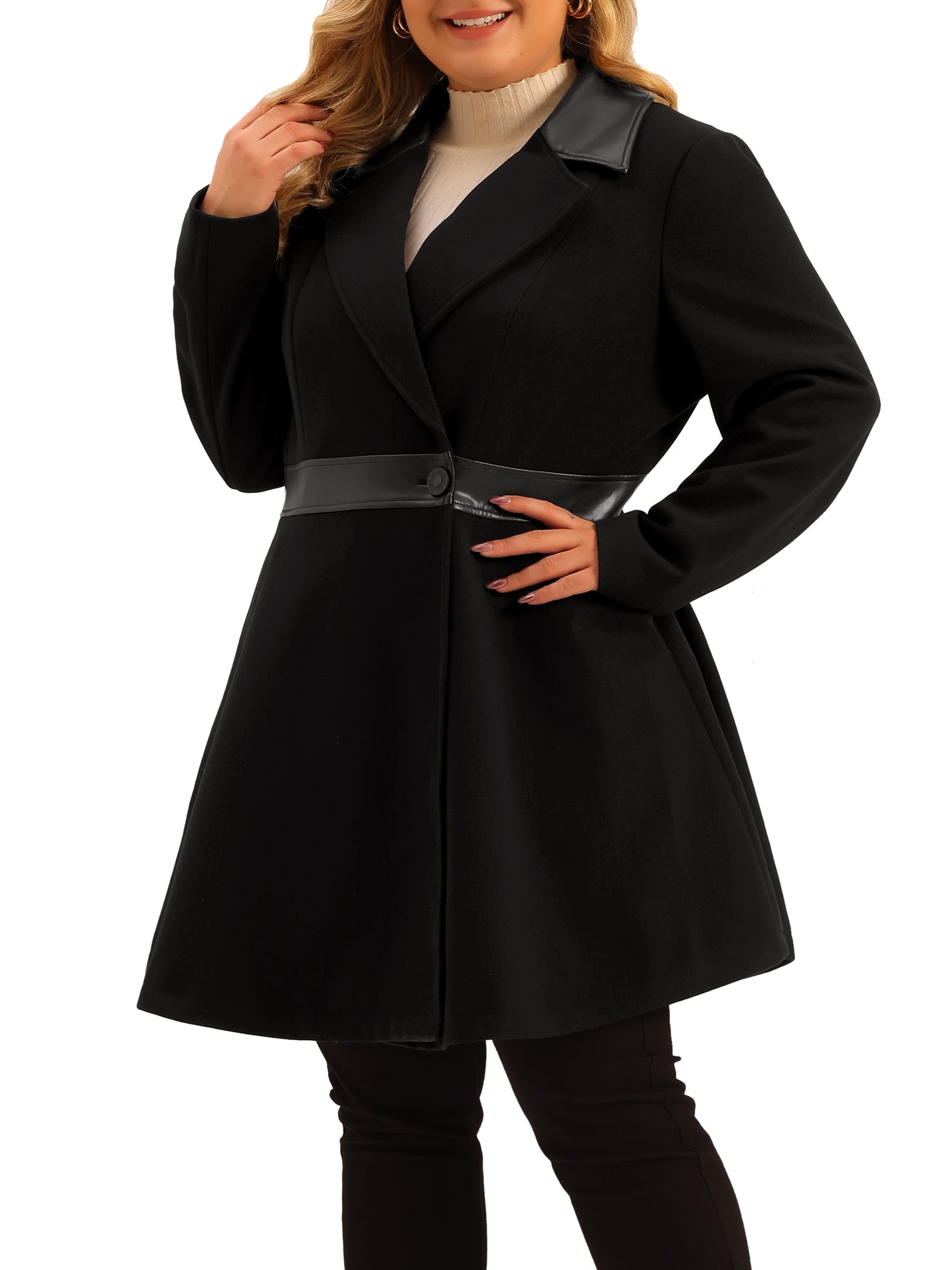 Women Plus Size Overcoat Leather Notched Lapel Single Breasted Long Trench Jacket Coat