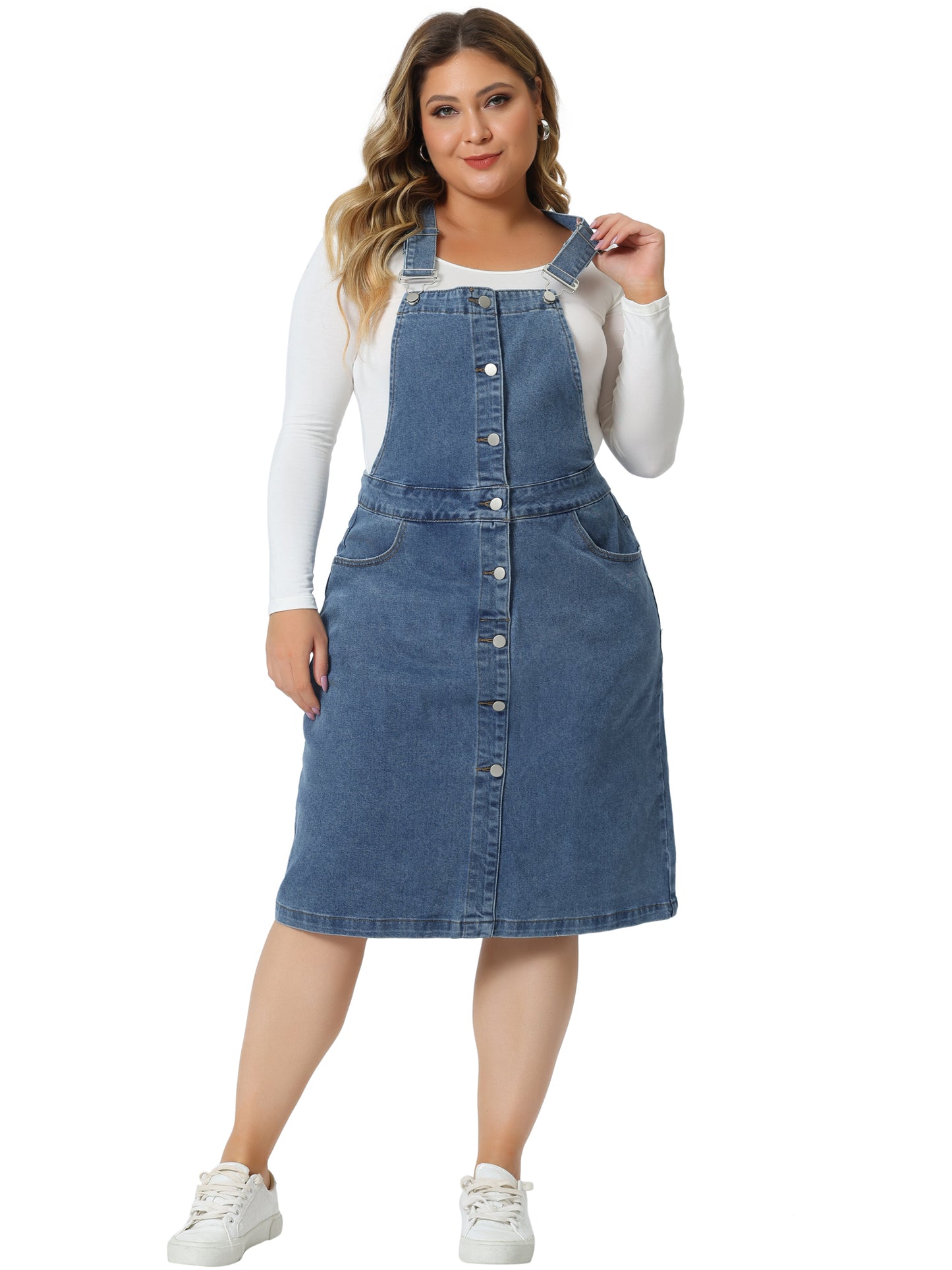 Women Plus Size Denim Overall Dress Button Front Adjustable Strap Suspender Skirt