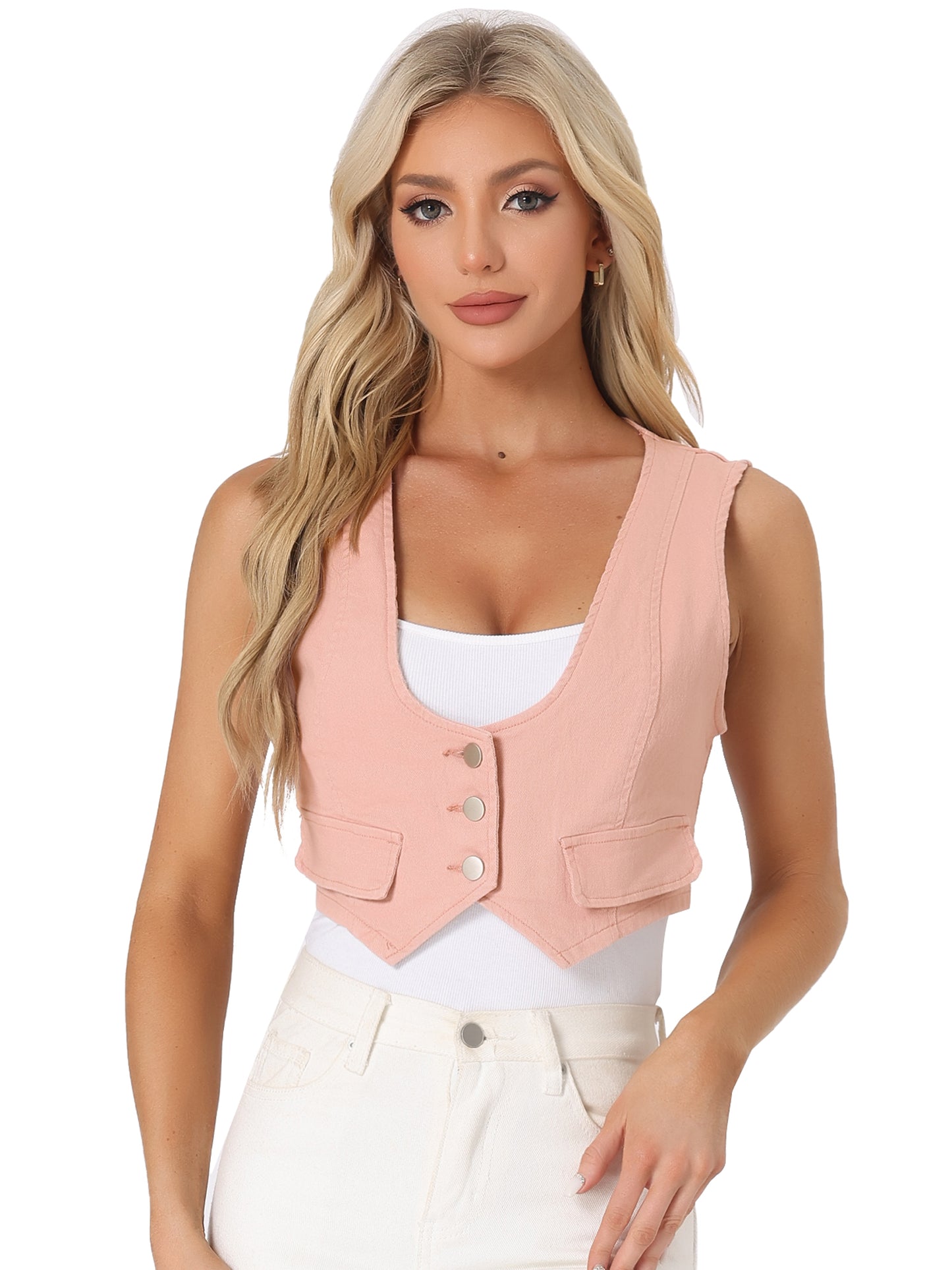 Women's Denim Vest Vintage Button Up Sleeveless Crop Jean Vest Waistcoat