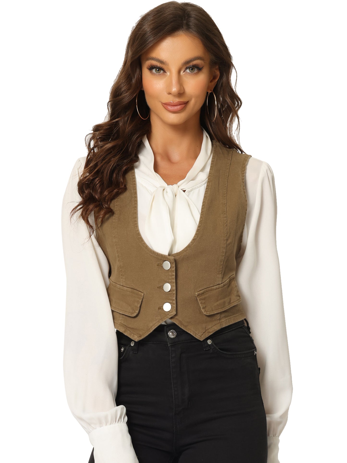 Women's Denim Vest Vintage Button Up Sleeveless Crop Jean Vest Waistcoat