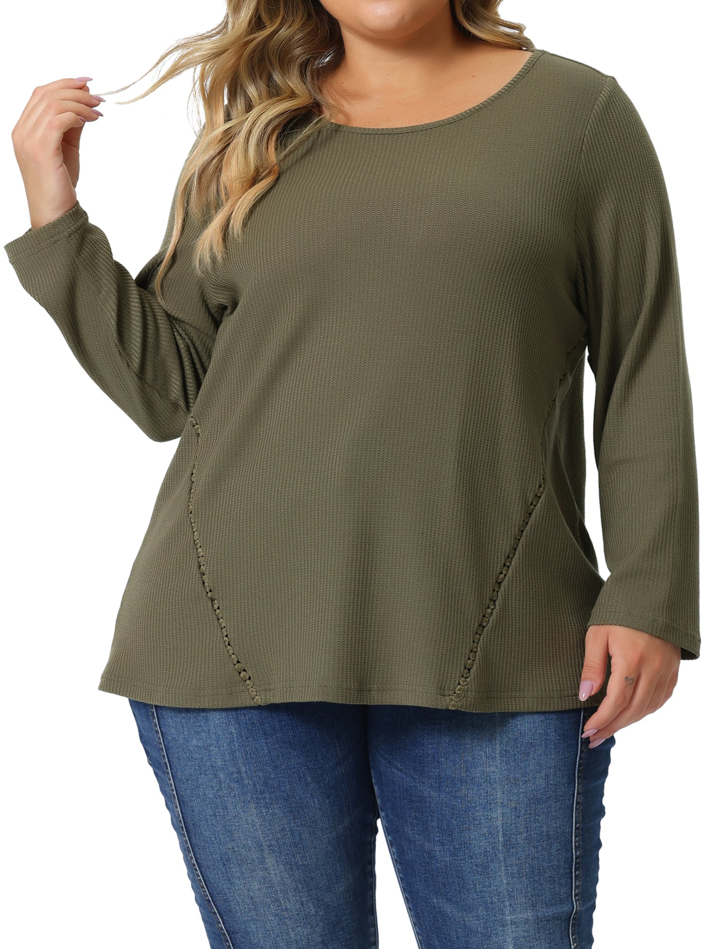 Women Plus Size Waffle Knit Shirt Causal Round Neck Top